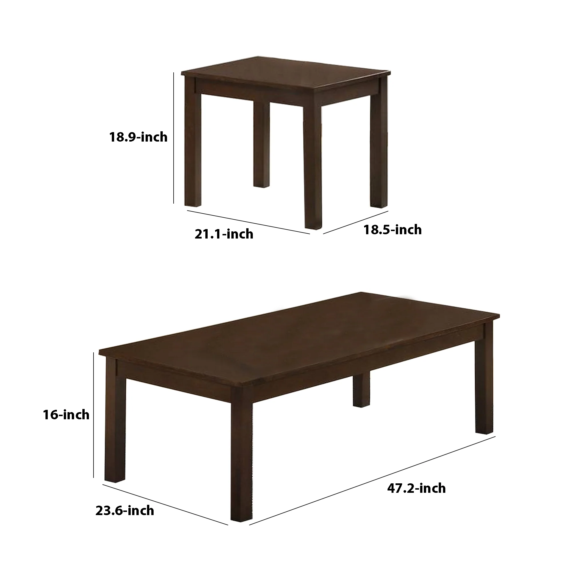 3 Piece Transitional Coffee Table and End Table with Block Legs, Brown By Benzara - Image 2