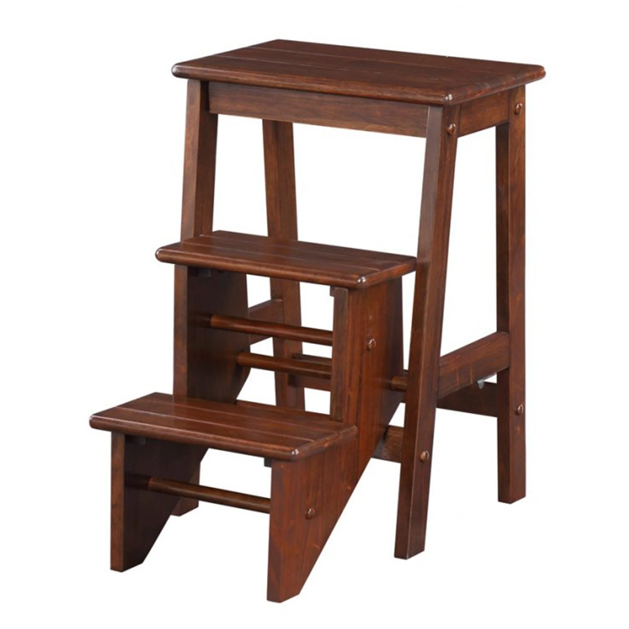 3 Step Wooden Frame Stool with Safety Latch, Brown By Benzara - Image 2