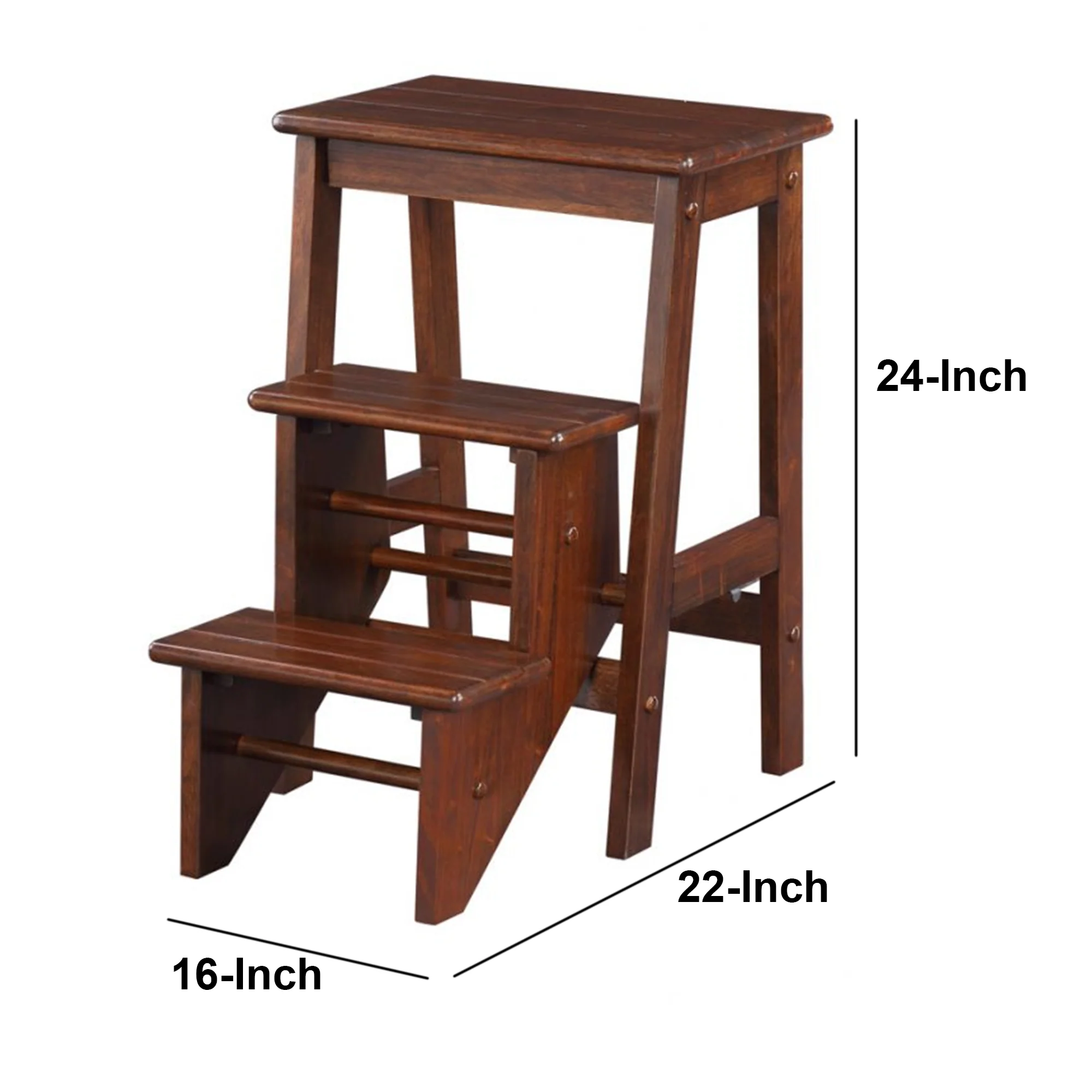 3 Step Wooden Frame Stool with Safety Latch, Brown By Benzara - Image 5