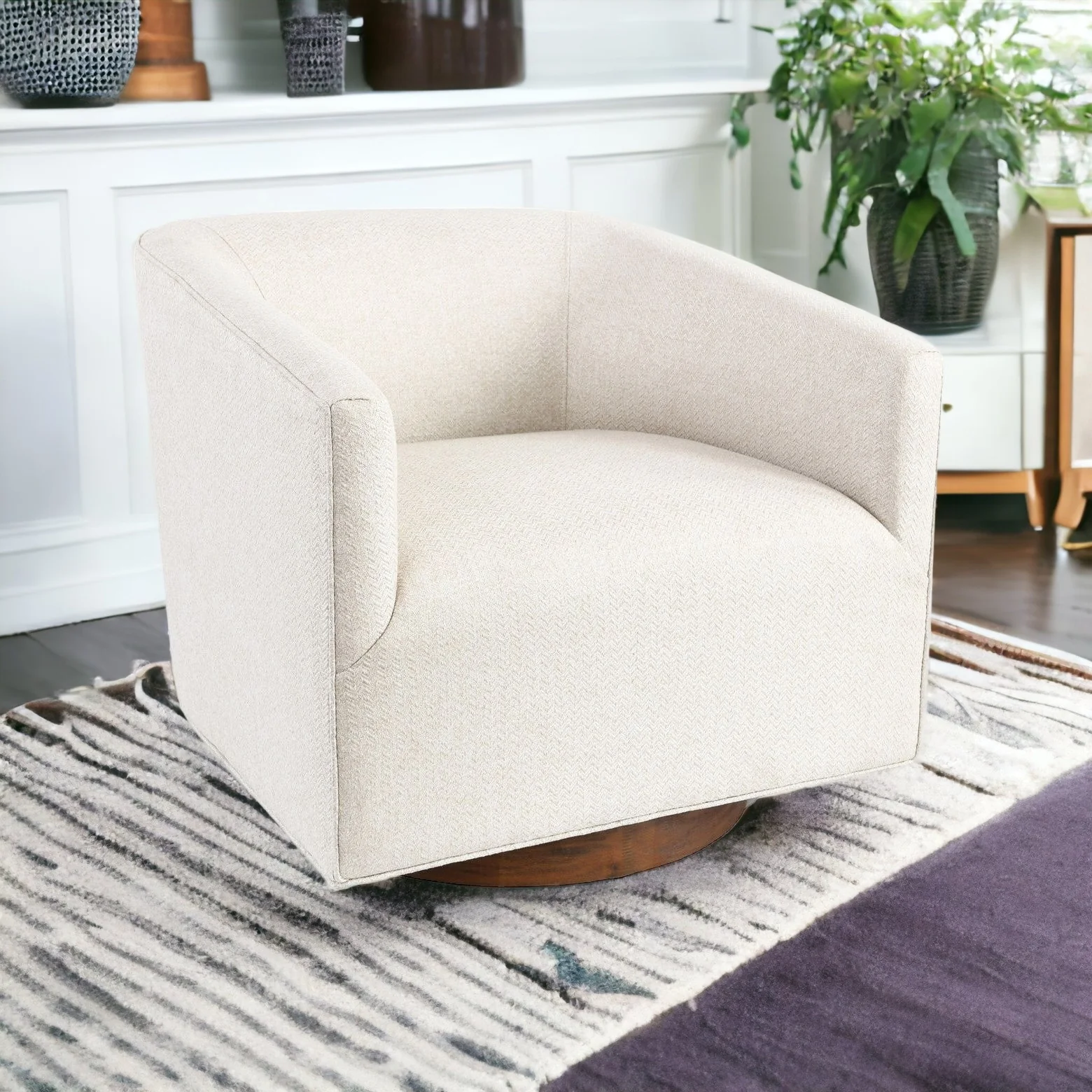 30" Beige and Wood Brown Polyester Chevron Swivel Barrel Chair By Homeroots - Image 4