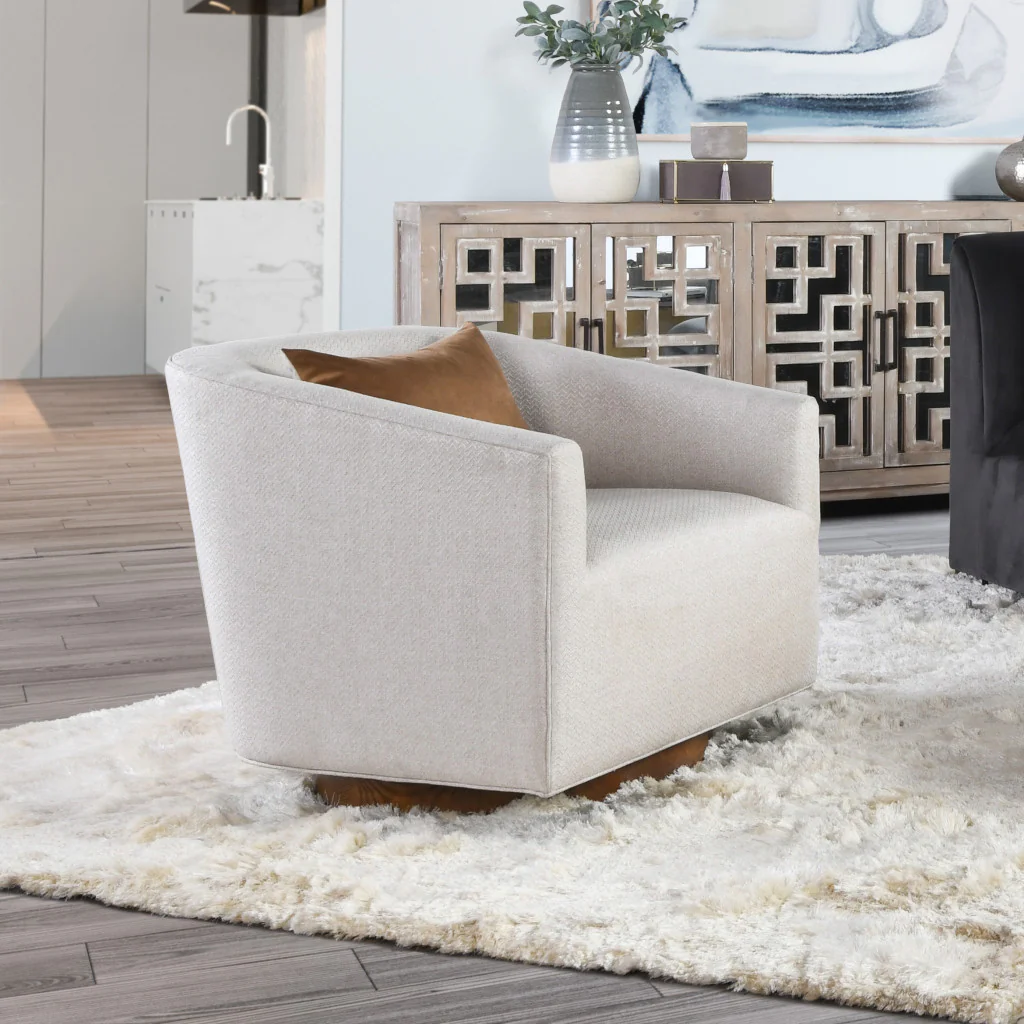 30" Beige and Wood Brown Polyester Chevron Swivel Barrel Chair By Homeroots - Image 6