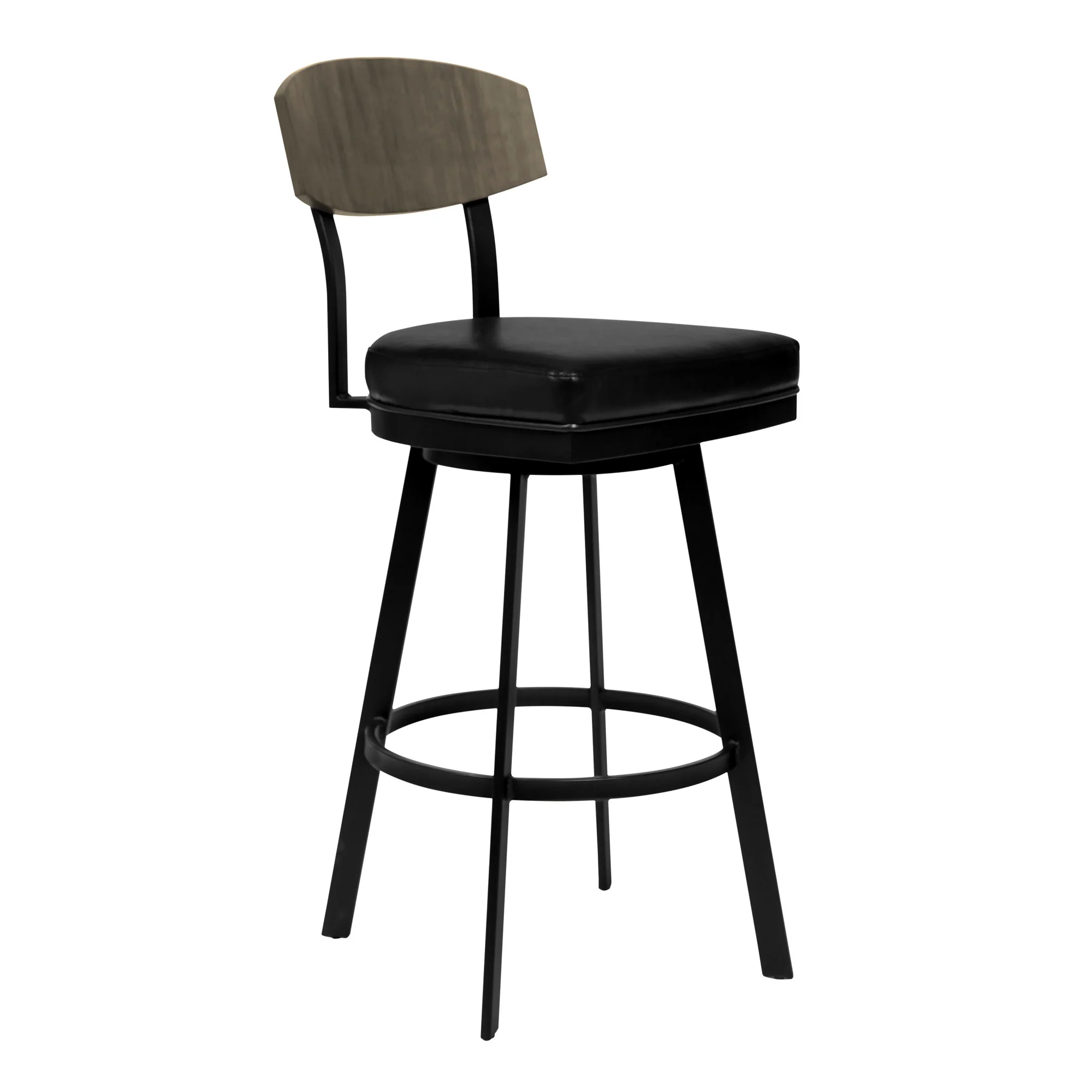 30" Black Faux Leather Black Metal and Gray Walnut Open Back Swivel Bar Stool By Homeroots - Image 2