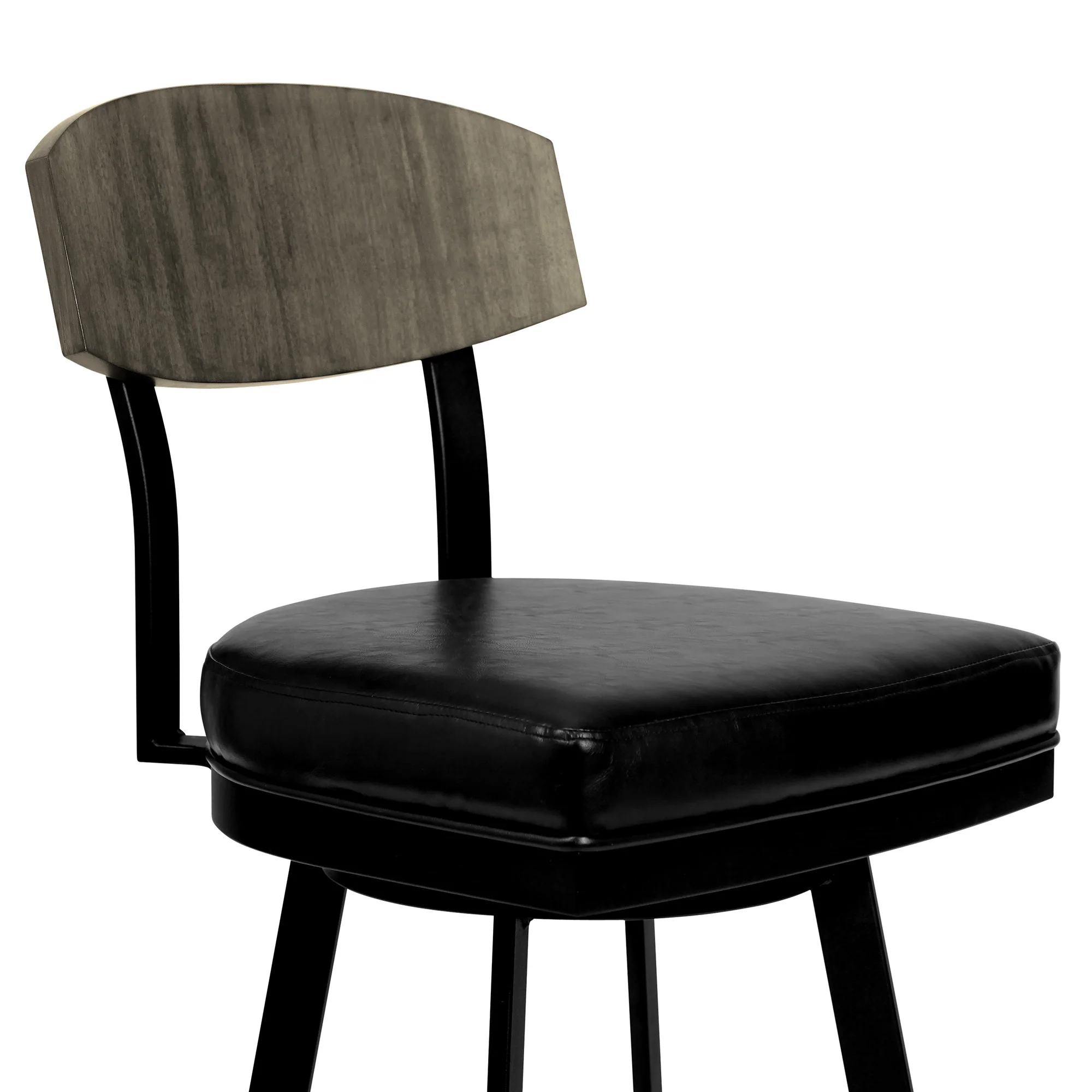 30" Black Faux Leather Black Metal and Gray Walnut Open Back Swivel Bar Stool By Homeroots - Image 4