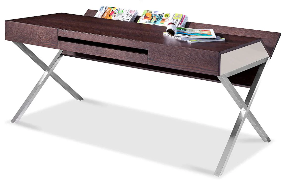 30 Brown Oak and Grey Veneer and Stainless Steel Office Desk By Homeroots - Image 2