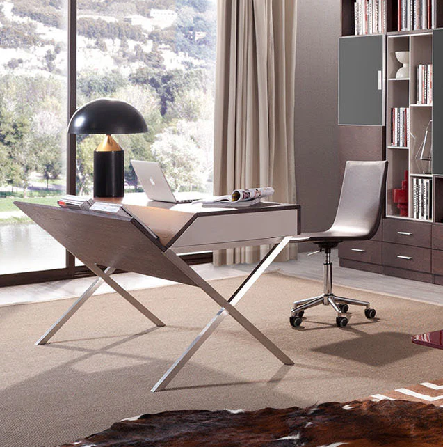 30 Brown Oak and Grey Veneer and Stainless Steel Office Desk By Homeroots - Image 3