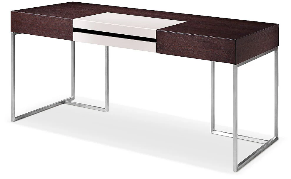 30 Brown Oak and Grey Veneer MDF Glass and Stainless Steel Desk By Homeroots - Image 2