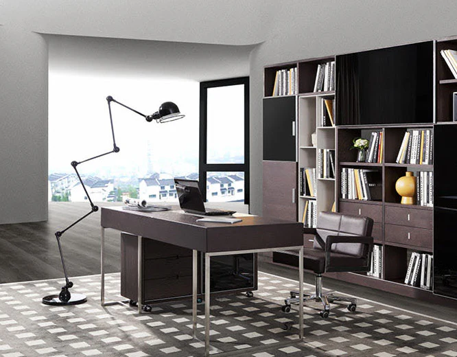 30 Brown Oak and Grey Veneer MDF Glass and Stainless Steel Desk By Homeroots - Image 4