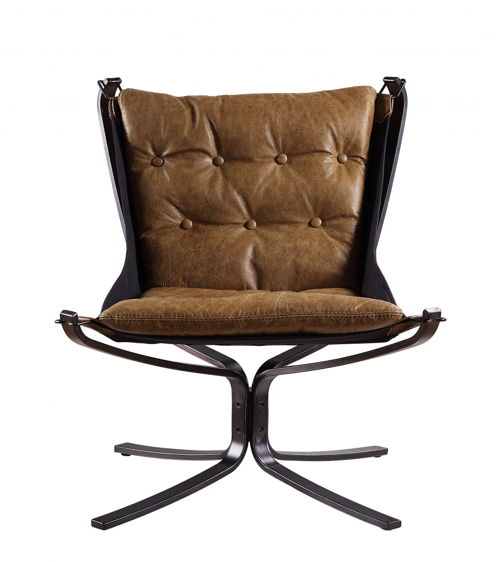 30" Coffee Top Grain Leather And Steel Solid Color Lounge Chair By Homeroots - Image 3