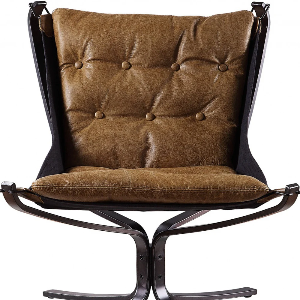30" Coffee Top Grain Leather And Steel Solid Color Lounge Chair By Homeroots - Image 4