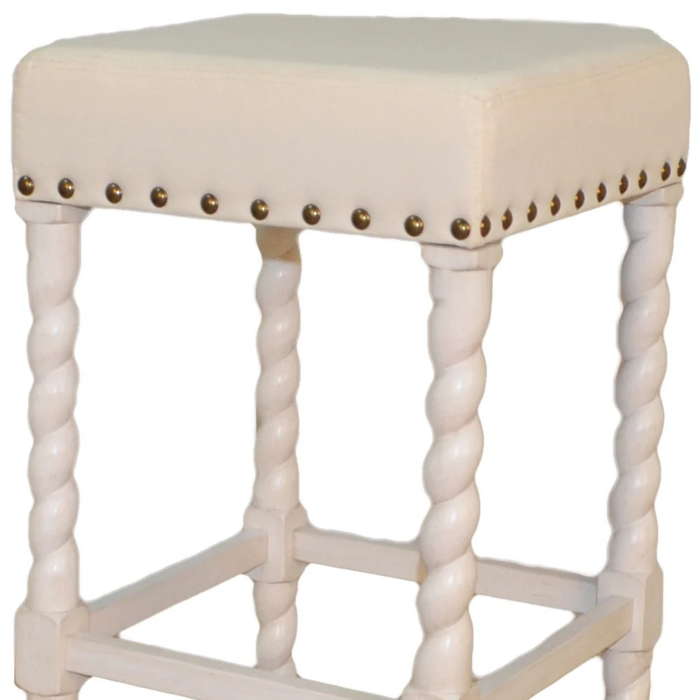 30" Cream Faux Leather And Solid Wood Backless Bar Height Chair With Footrest By Homeroots - Image 4
