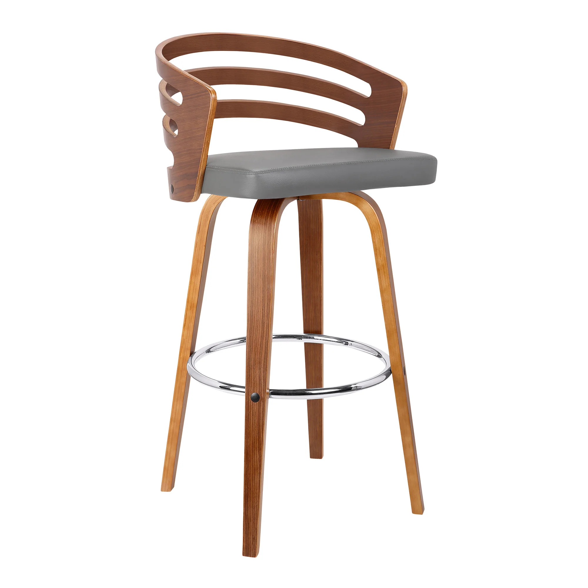 30” Gray Modern Faux Leather & Walnut Wood Swivel Bar Stool By Homeroots - Image 2