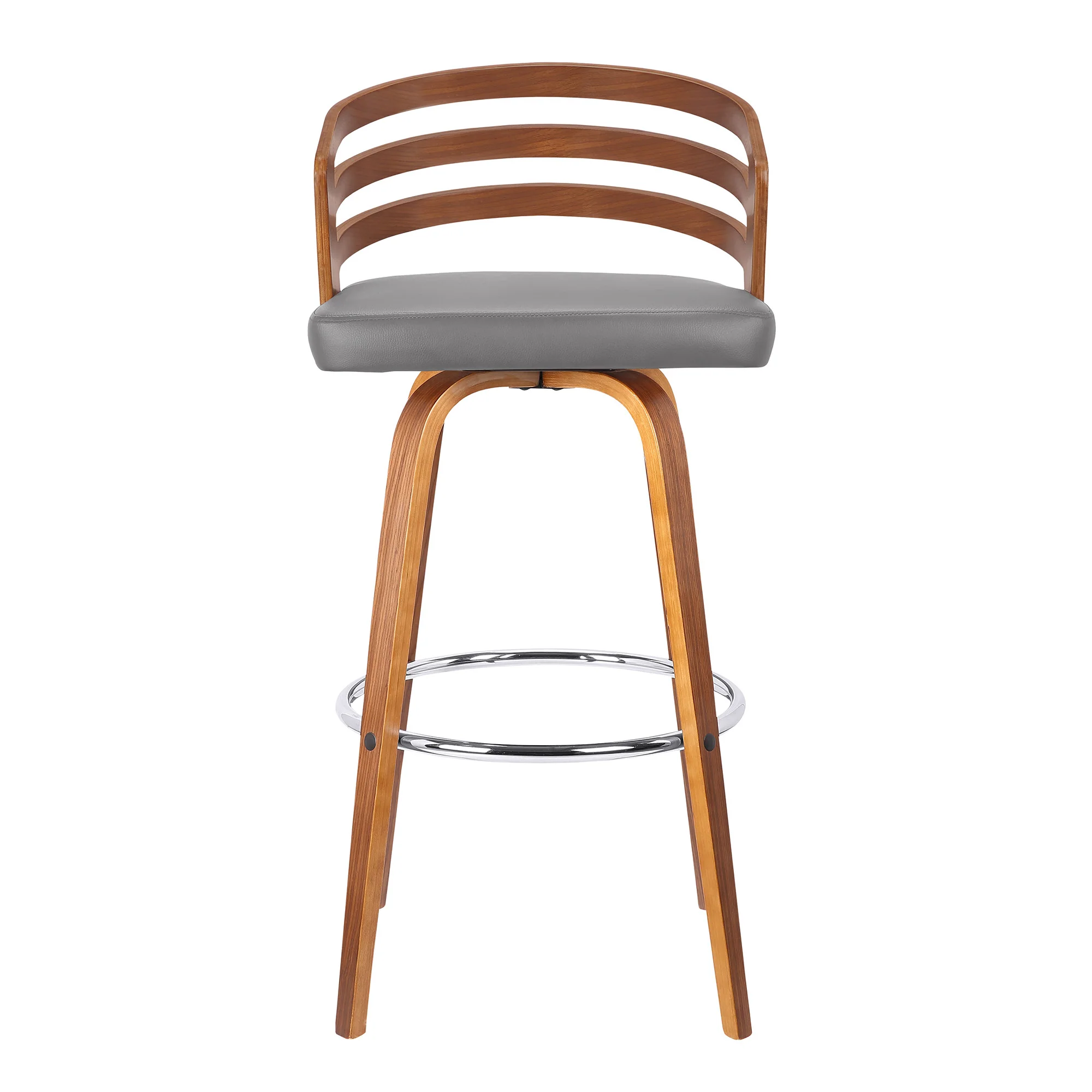 30” Gray Modern Faux Leather & Walnut Wood Swivel Bar Stool By Homeroots - Image 3