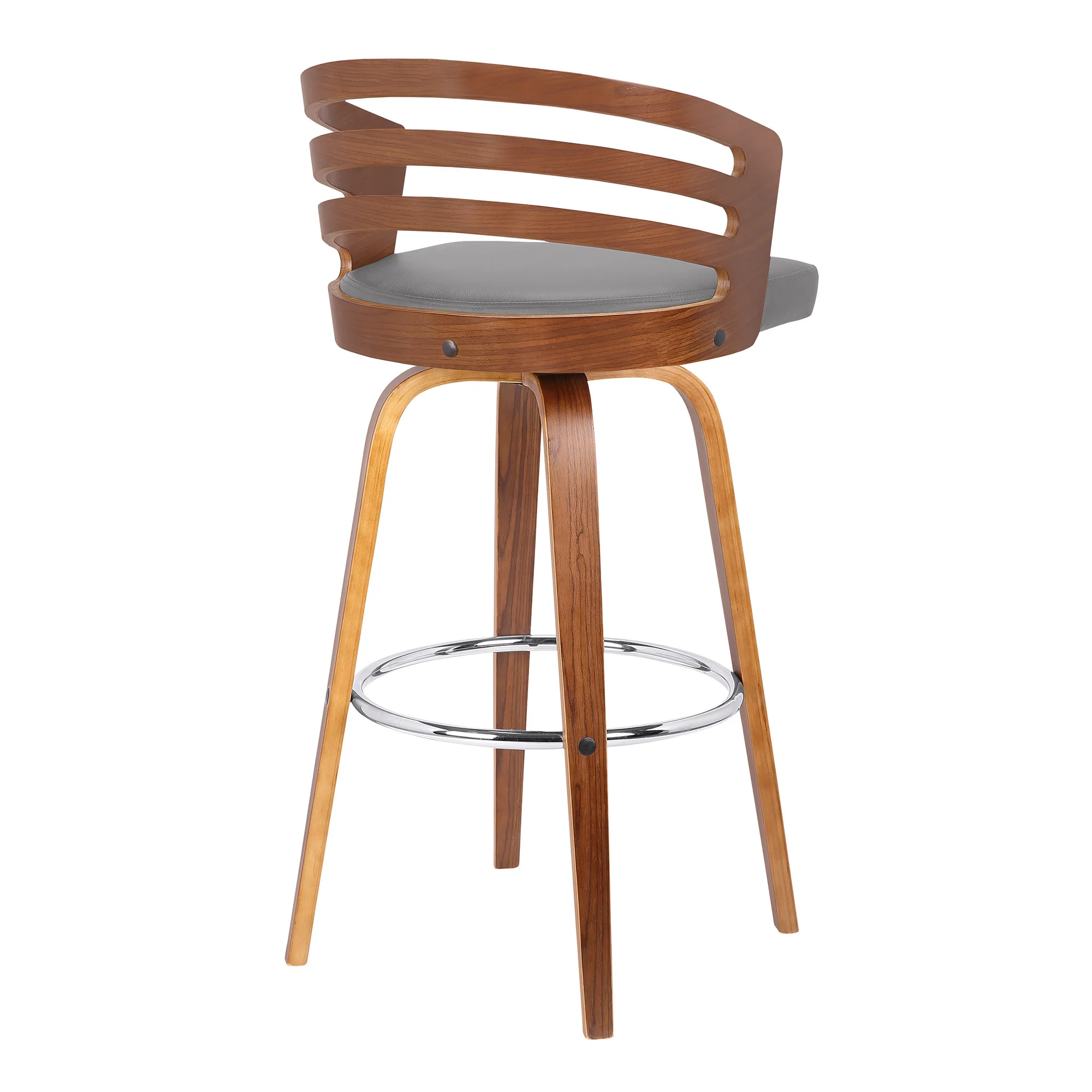 30” Gray Modern Faux Leather & Walnut Wood Swivel Bar Stool By Homeroots - Image 4