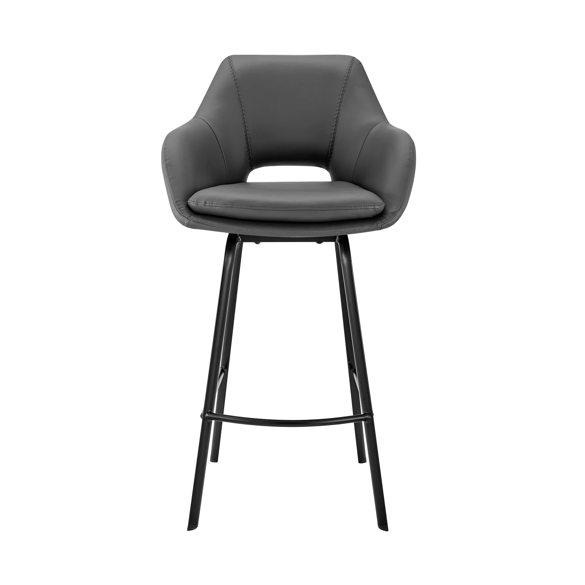 30" Gray on Black Faux Leather Comfy Swivel Bar Stool By Homeroots - Image 3