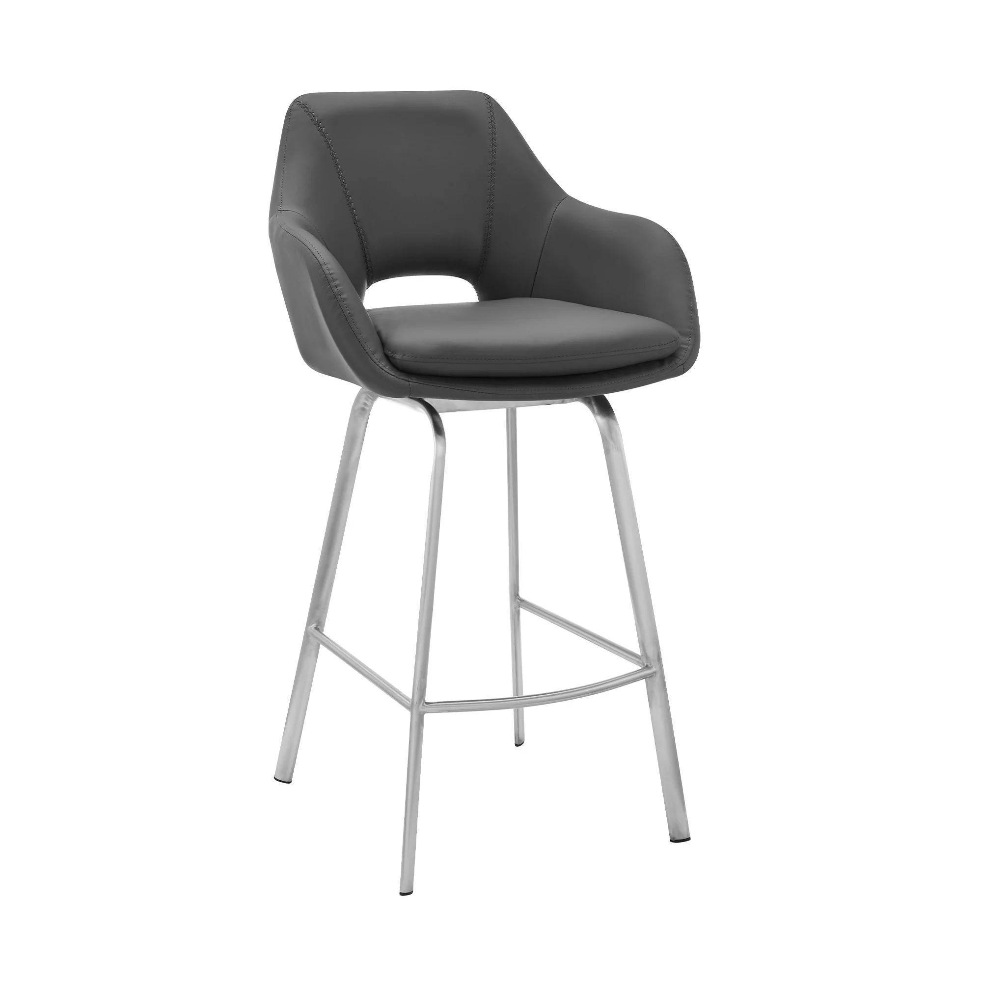30" Gray on Stainless Faux Leather Comfy Swivel Bar Stool By Homeroots - Image 2