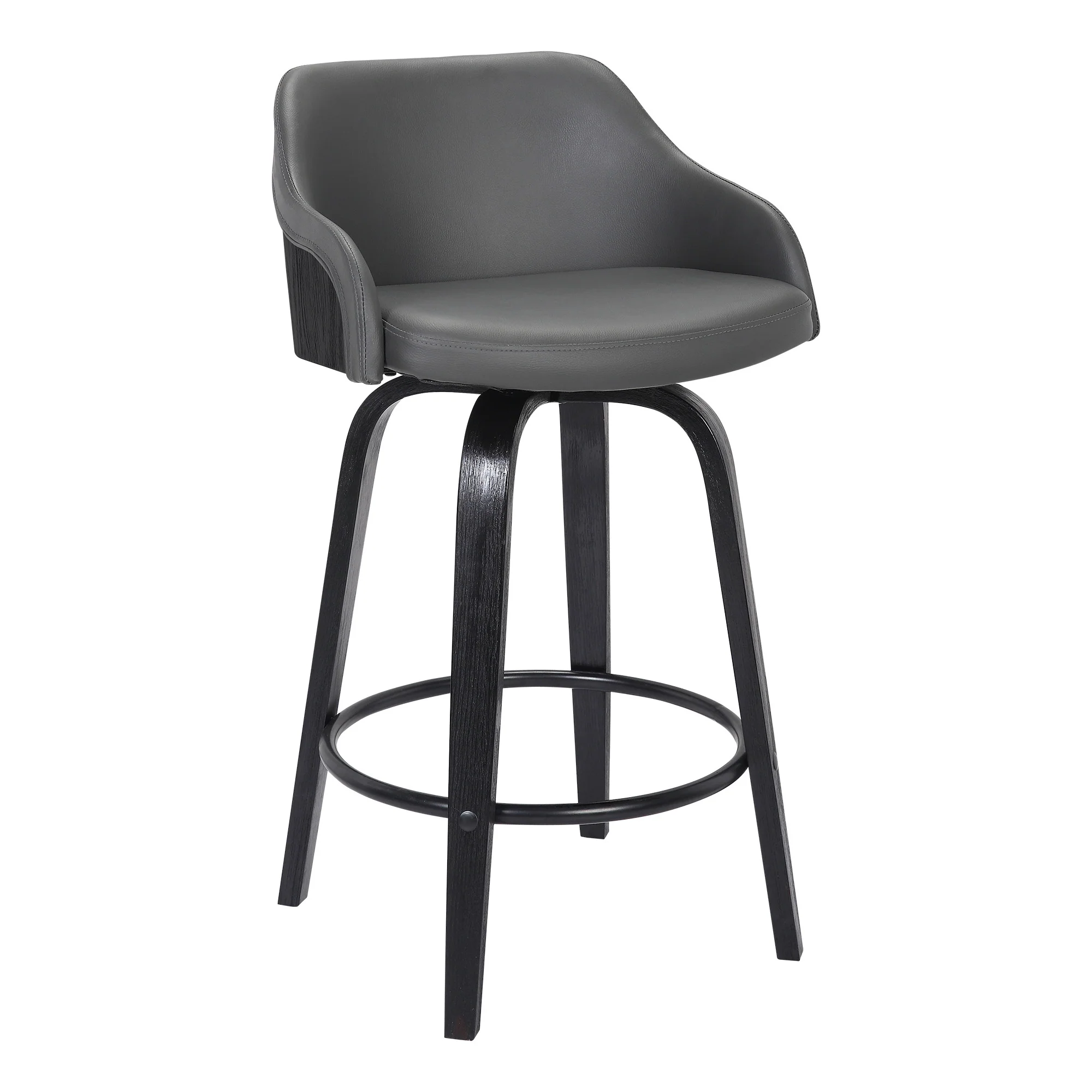 30” Gray Swivel Faux Leather Black Wooden Bar Stool By Homeroots - Image 2