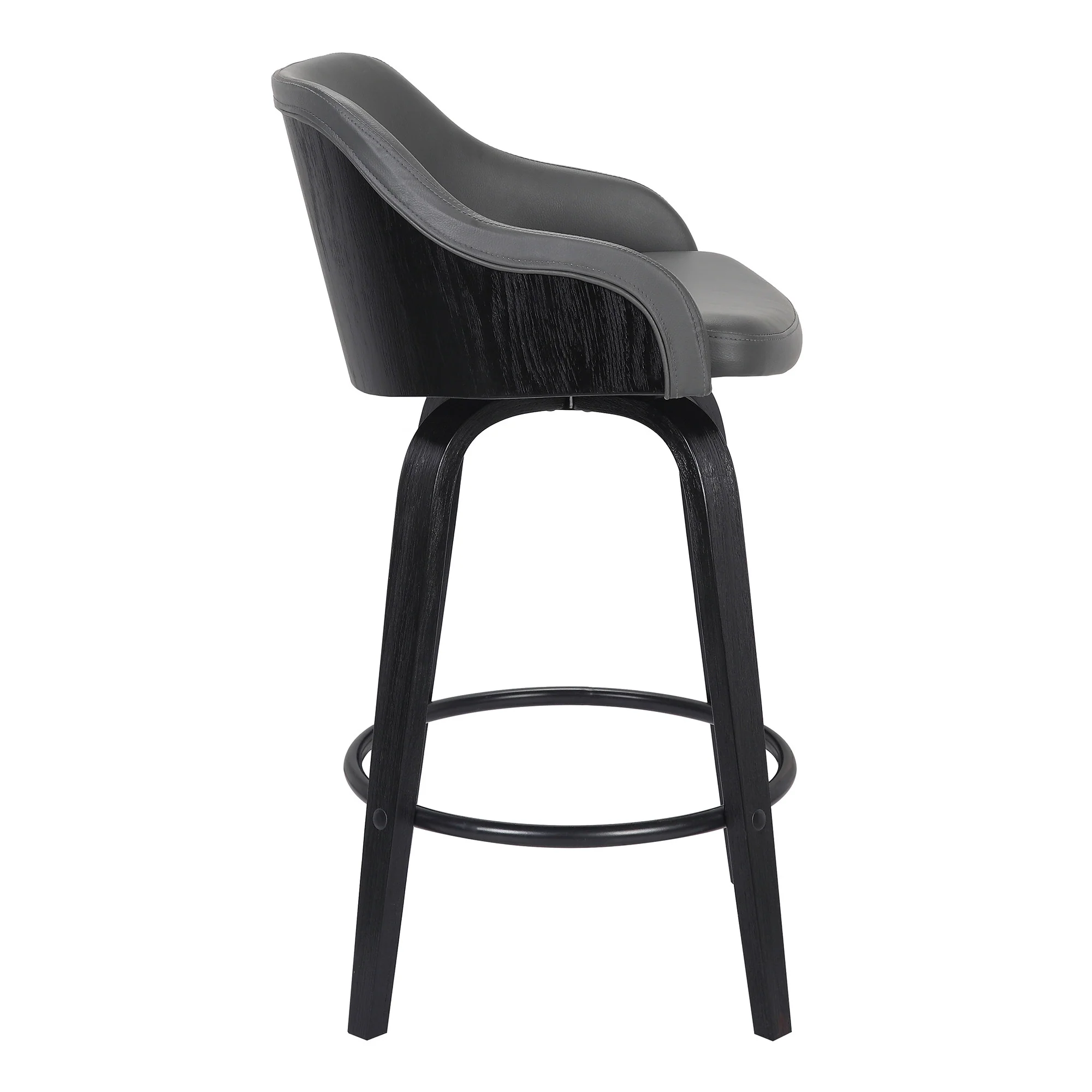 30” Gray Swivel Faux Leather Black Wooden Bar Stool By Homeroots - Image 4