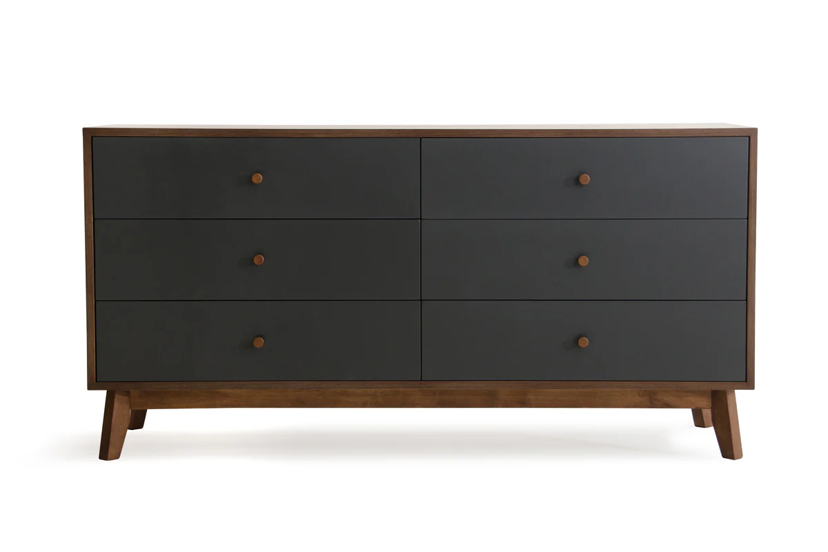 30 Grey and Walnut Veneer MDF and Wood Dresser with 6 Drawers By Homeroots - Image 2