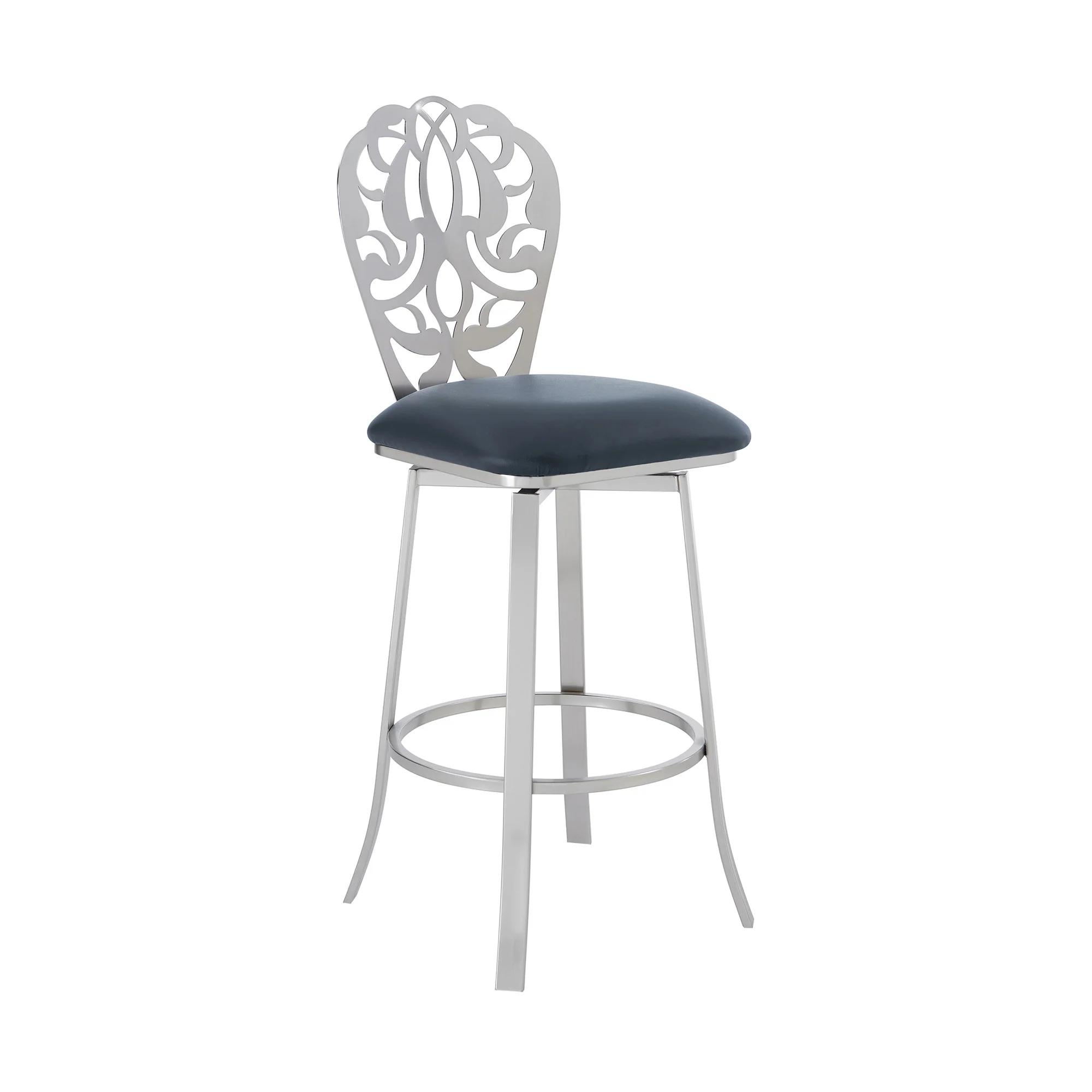 30" Grey Faux Leather Scroll Brushed Stainless Steel Swivel Bar Stool By Homeroots - Image 2