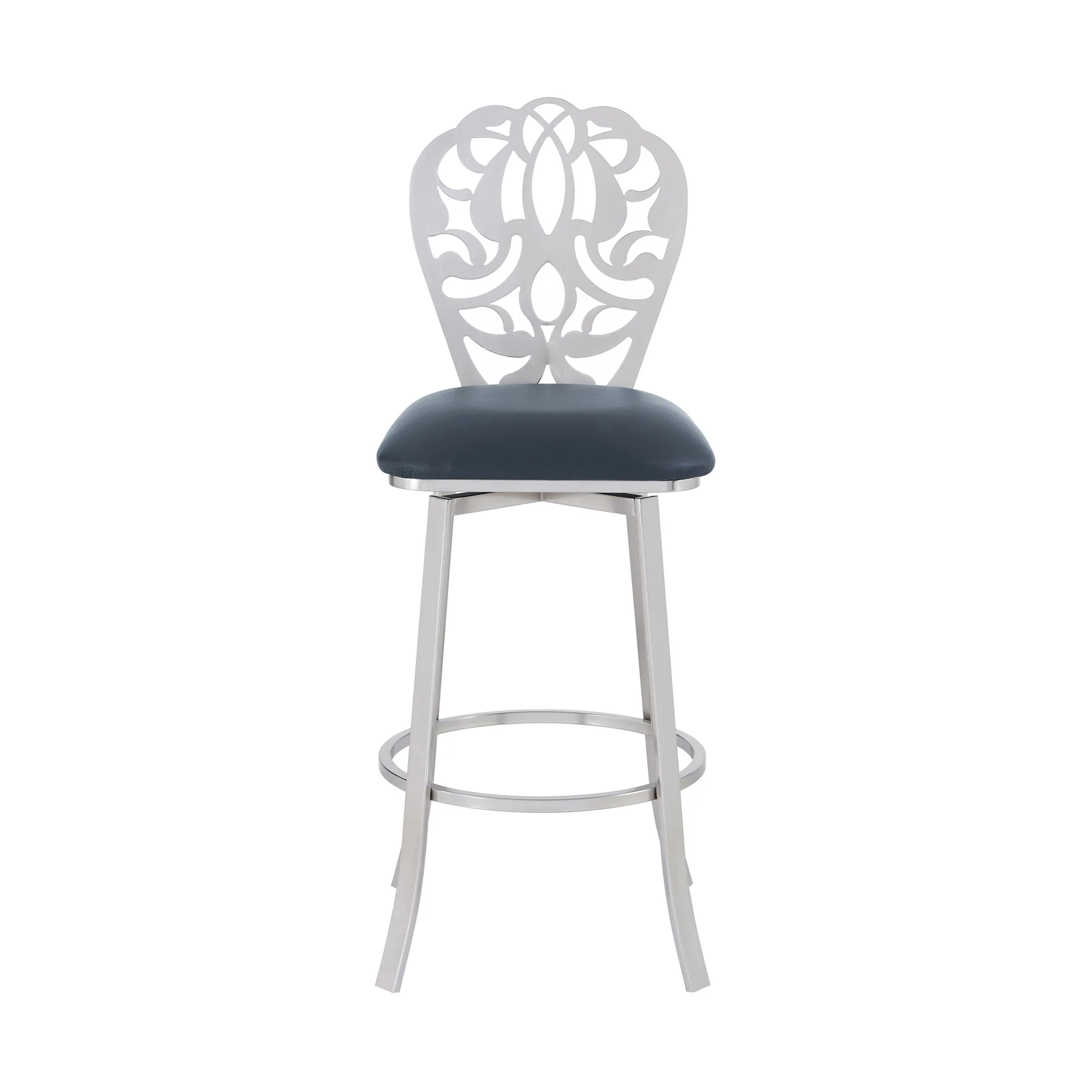 30" Grey Faux Leather Scroll Brushed Stainless Steel Swivel Bar Stool By Homeroots - Image 3