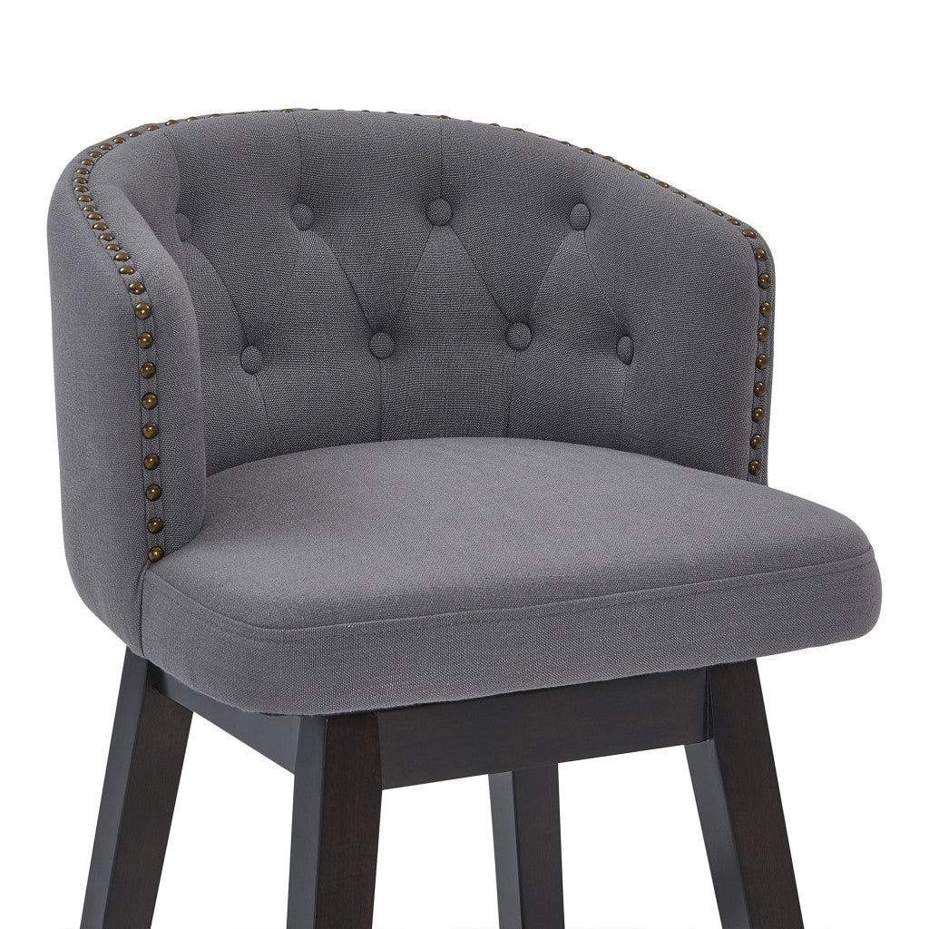 30" Grey Tufted Fabric and Dark Espresso Wood Swivel Bar Stool By Homeroots - Image 5