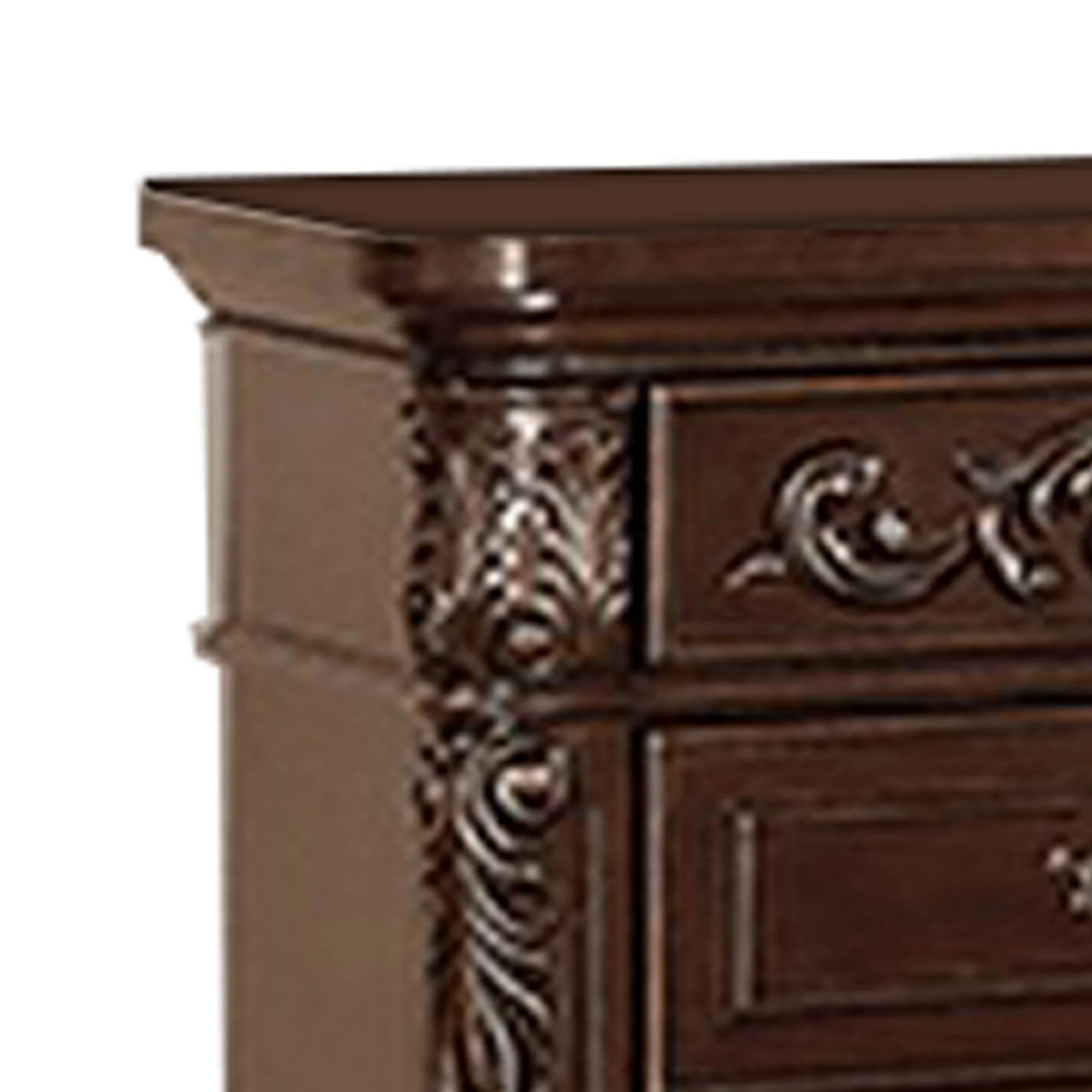 30 Inches 3 Drawer Engraved Wooden Nightstand, Brown By Benzara - Image 2
