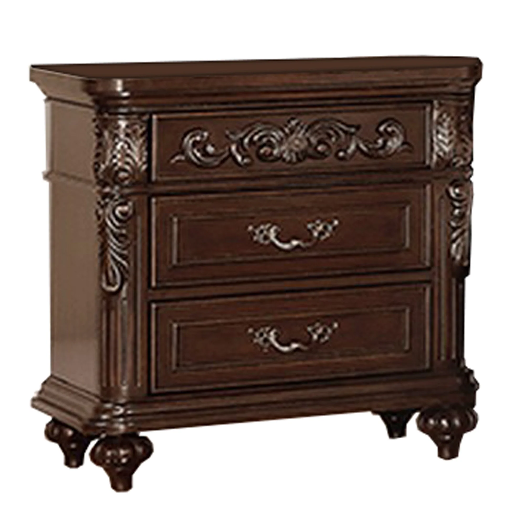 30 Inches 3 Drawer Engraved Wooden Nightstand, Brown By Benzara - Image 5