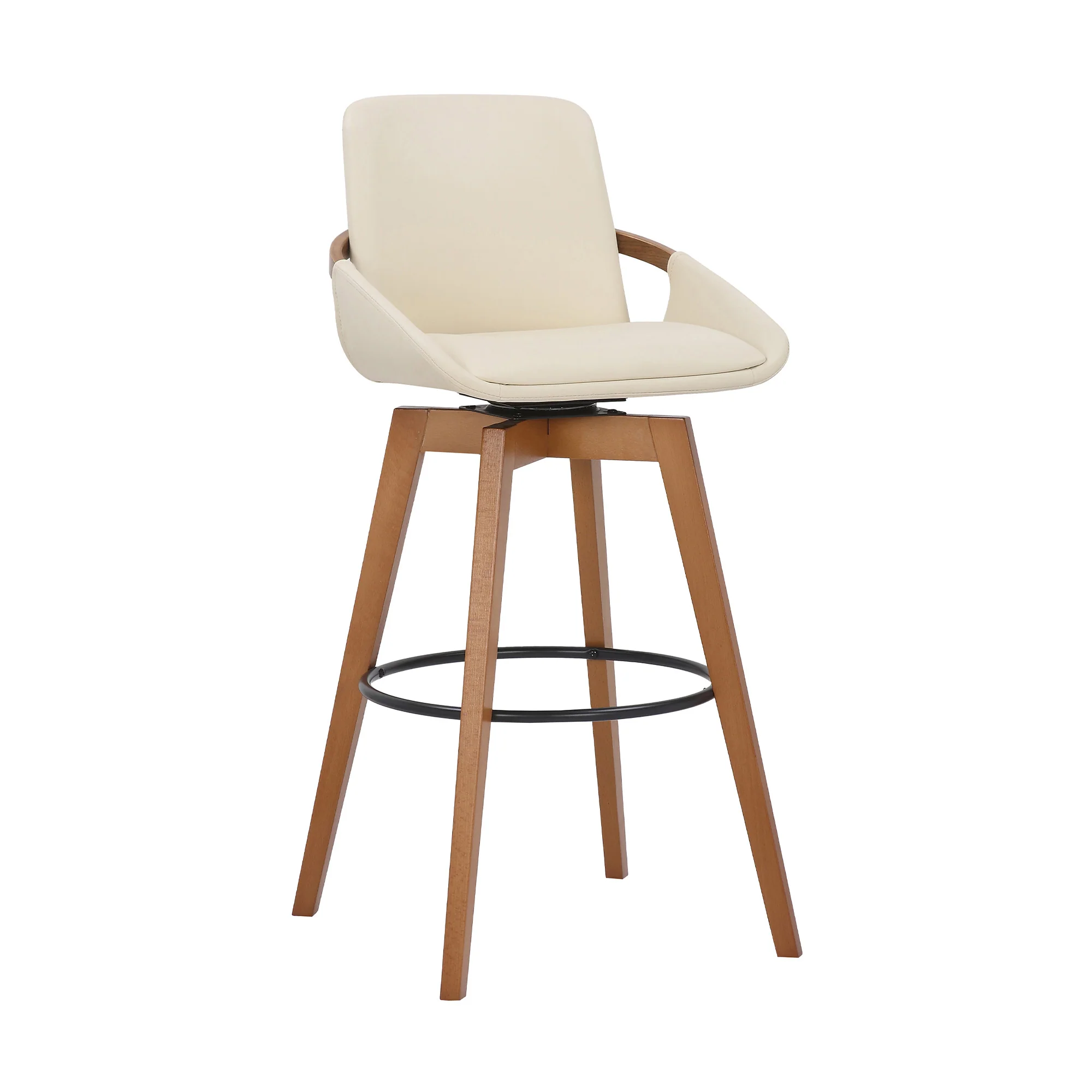 30" Luxurious Cream Faux Leather and Walnut Swivel Bar Stool By Homeroots - Image 2