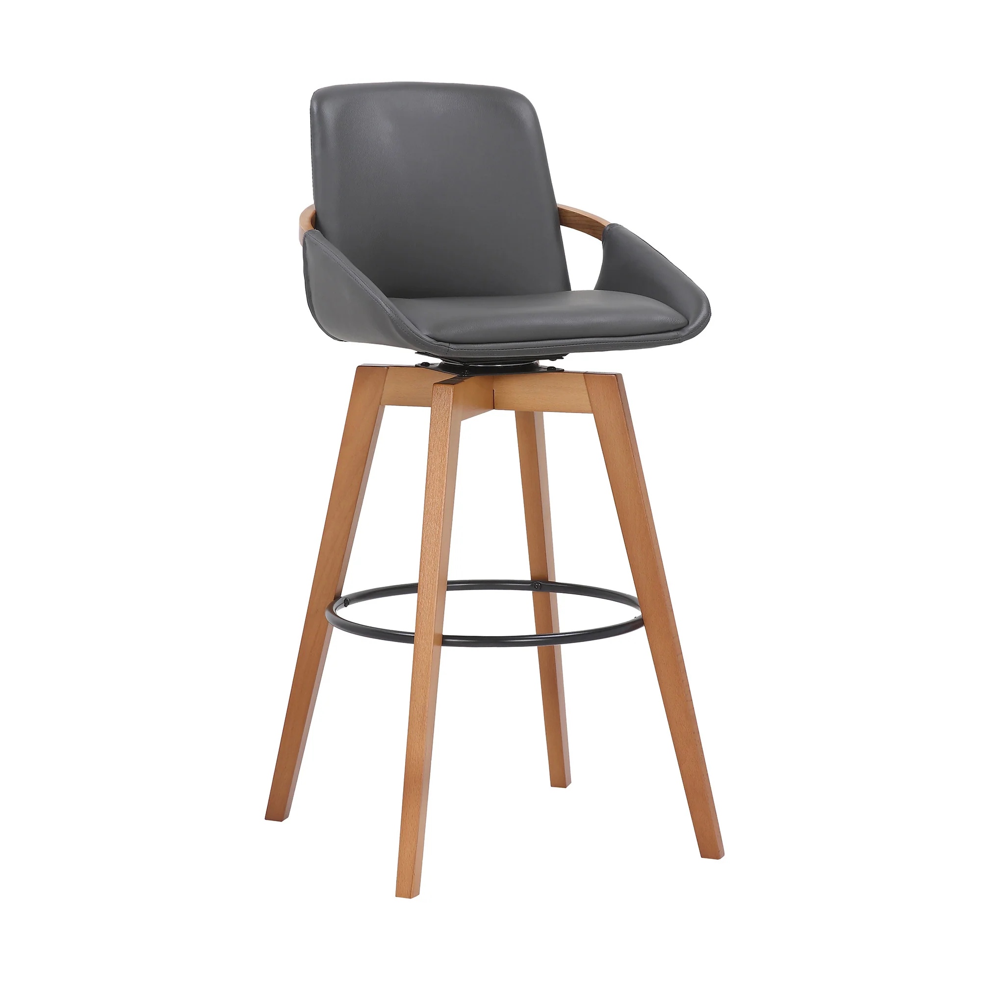 30" Luxurious Grey Faux and Walnut Wood Swivel Bar Stool By Homeroots - Image 2