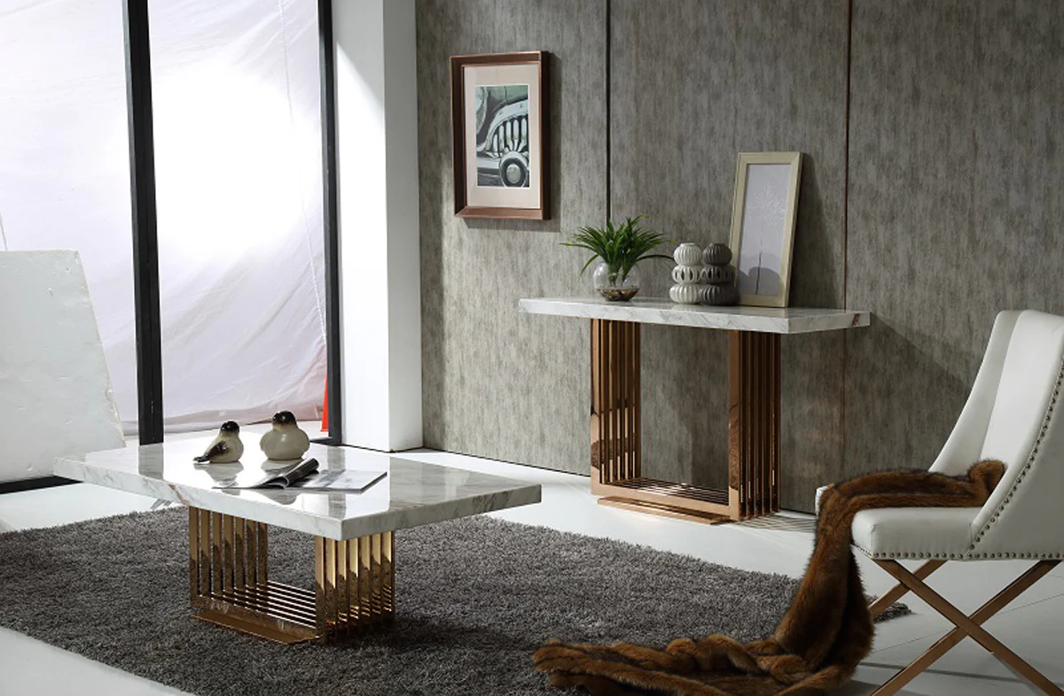 30" Rosegold Marble and Metal Console Table By Homeroots - Image 2