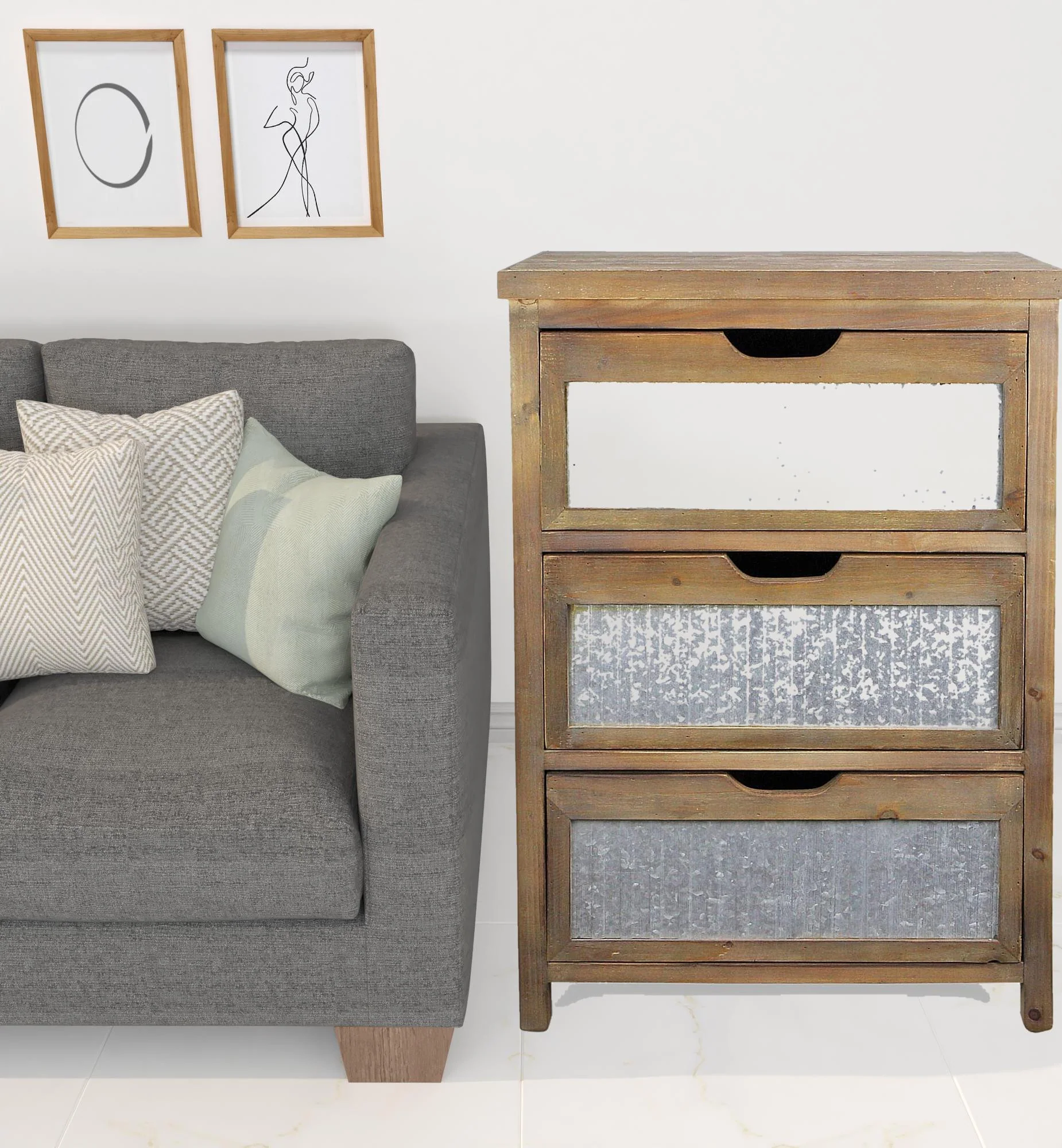 30" Rustic Brown Wood and Galvanized Metal End Table With Three Drawers By Homeroots - Image 5