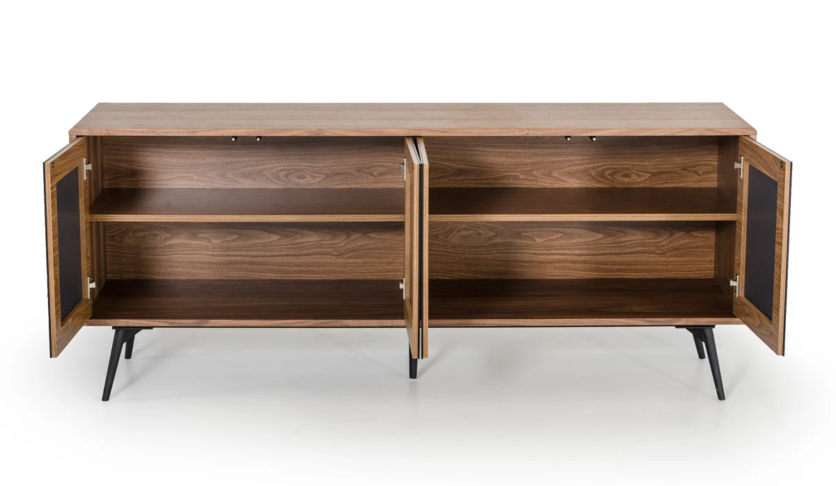 30' Walnut Veneer Glass And Metal Buffet By Homeroots - Image 2