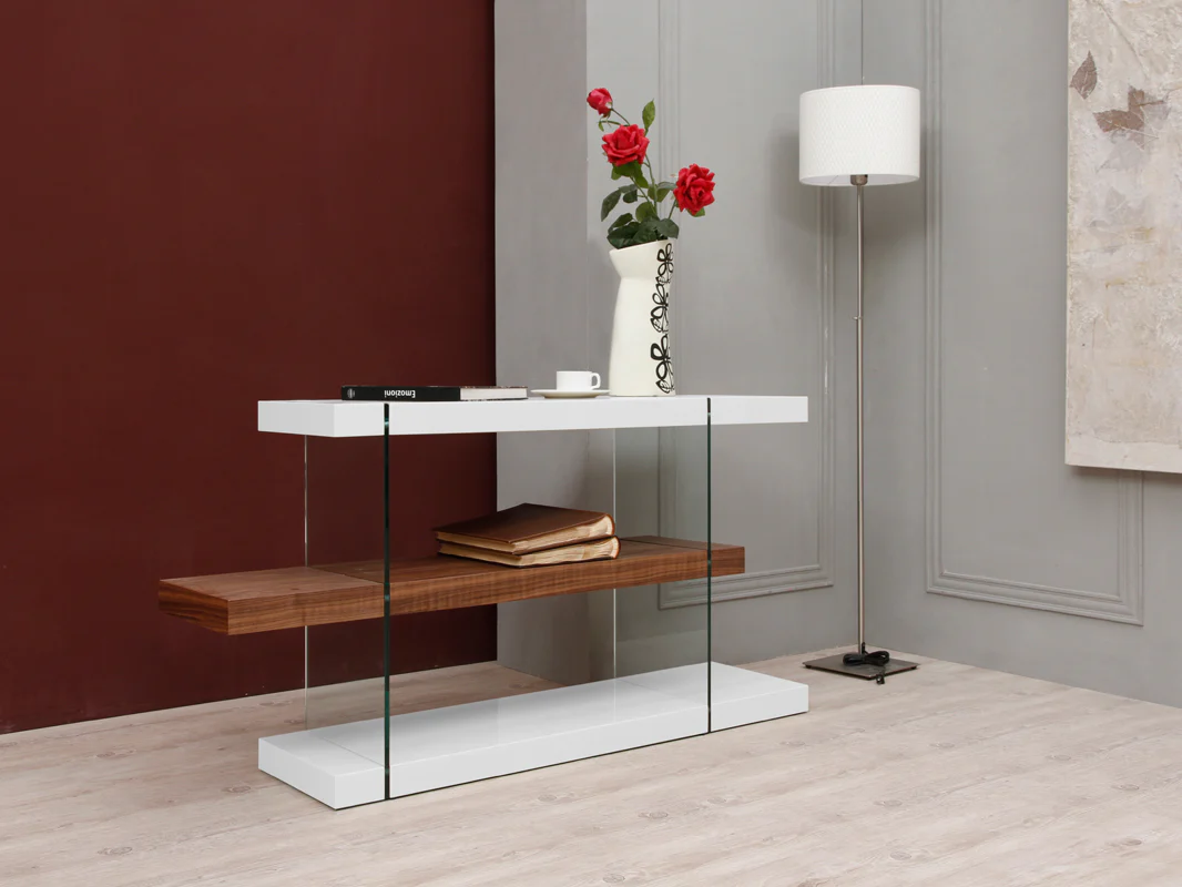 30" White and Walnut Veneer MDF and Glass Desk with Shelves By Homeroots - Image 2