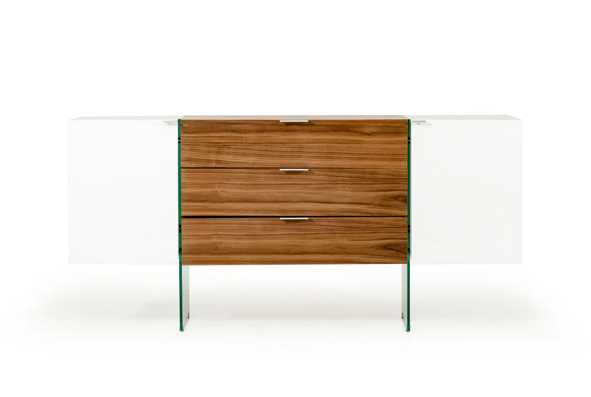30" White And Walnut Veneer, Mdf, Glass, And Steel Floating Buffet By Homeroots - Image 2