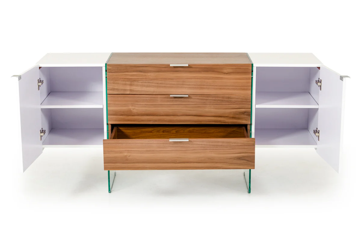 30" White And Walnut Veneer, Mdf, Glass, And Steel Floating Buffet By Homeroots - Image 3