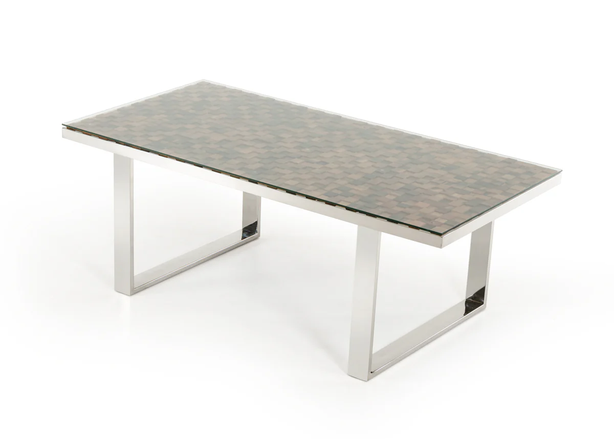 30' Wood Mosaic Steel And Glass Dining Table By Homeroots - Image 2