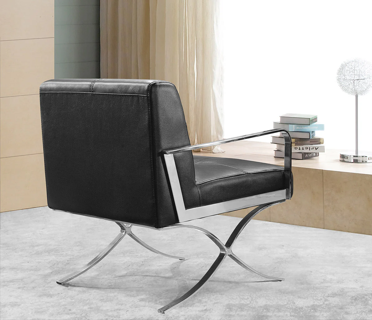 31' Black Leather and Steel Lounge Chair By Homeroots - Image 3