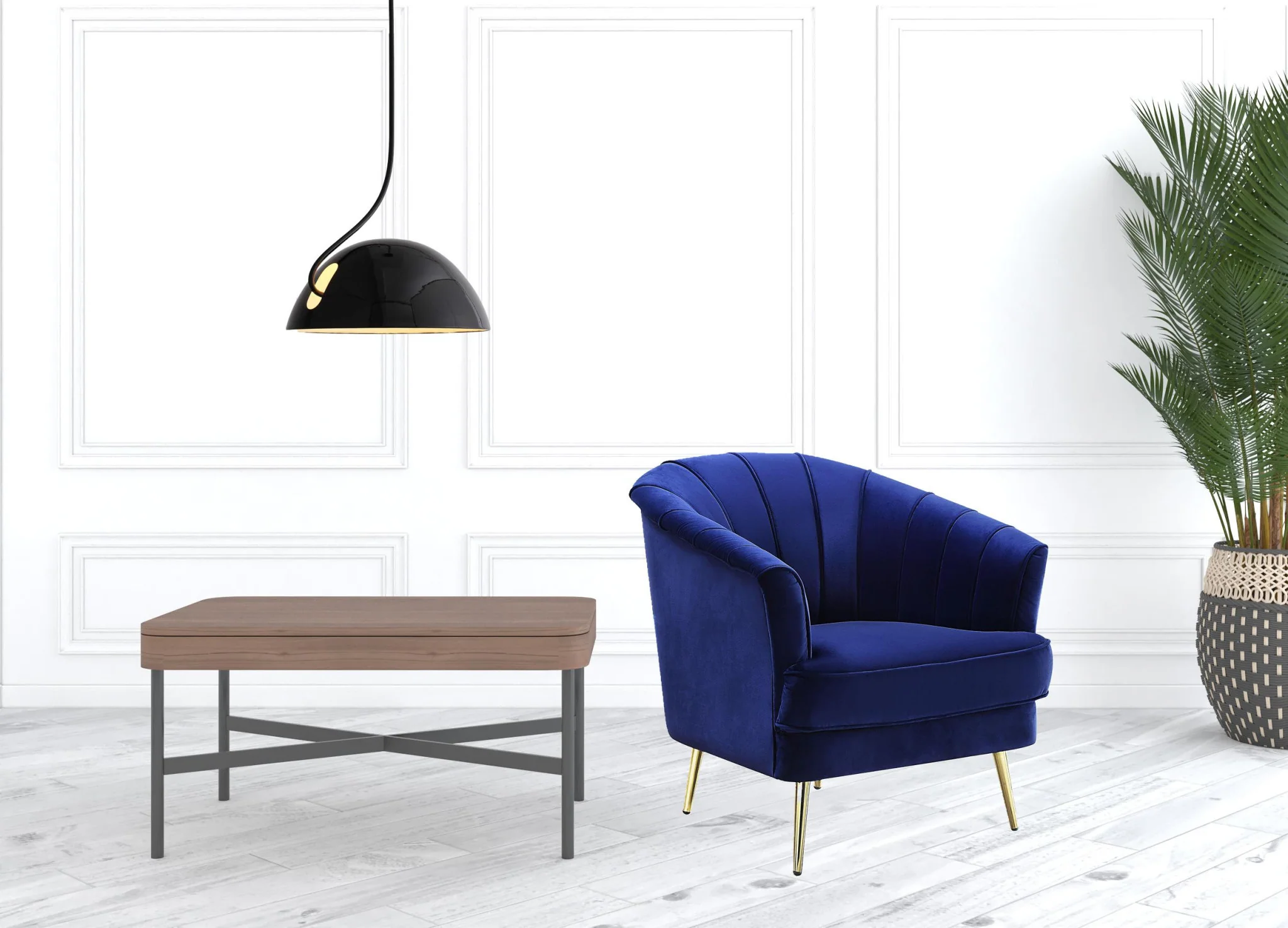 31" Blue Velvet And Gold Striped Barrel Chair By Homeroots - Image 4