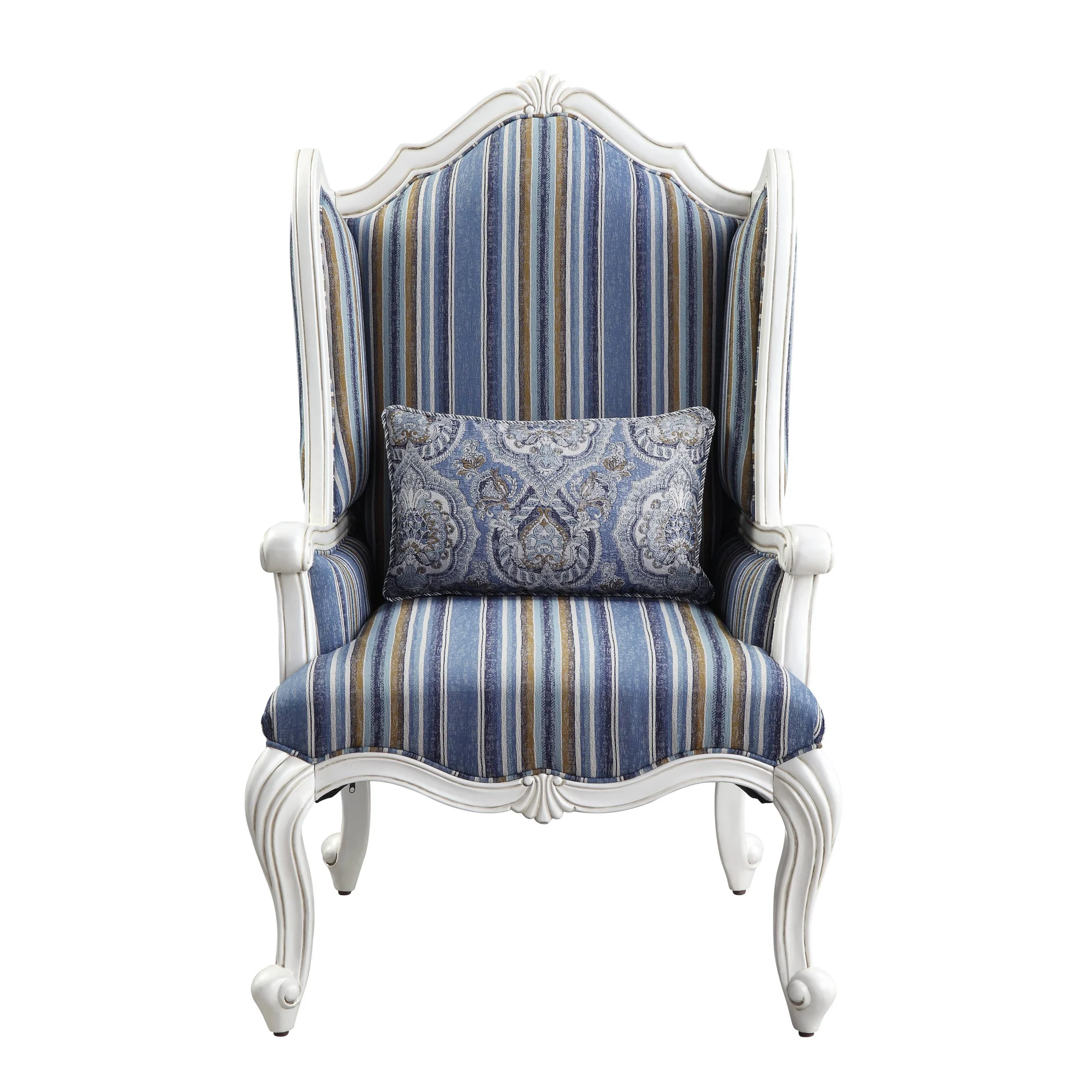 31" Blue White And Brown Fabric And White Striped Wingback Chair By Homeroots - Image 2