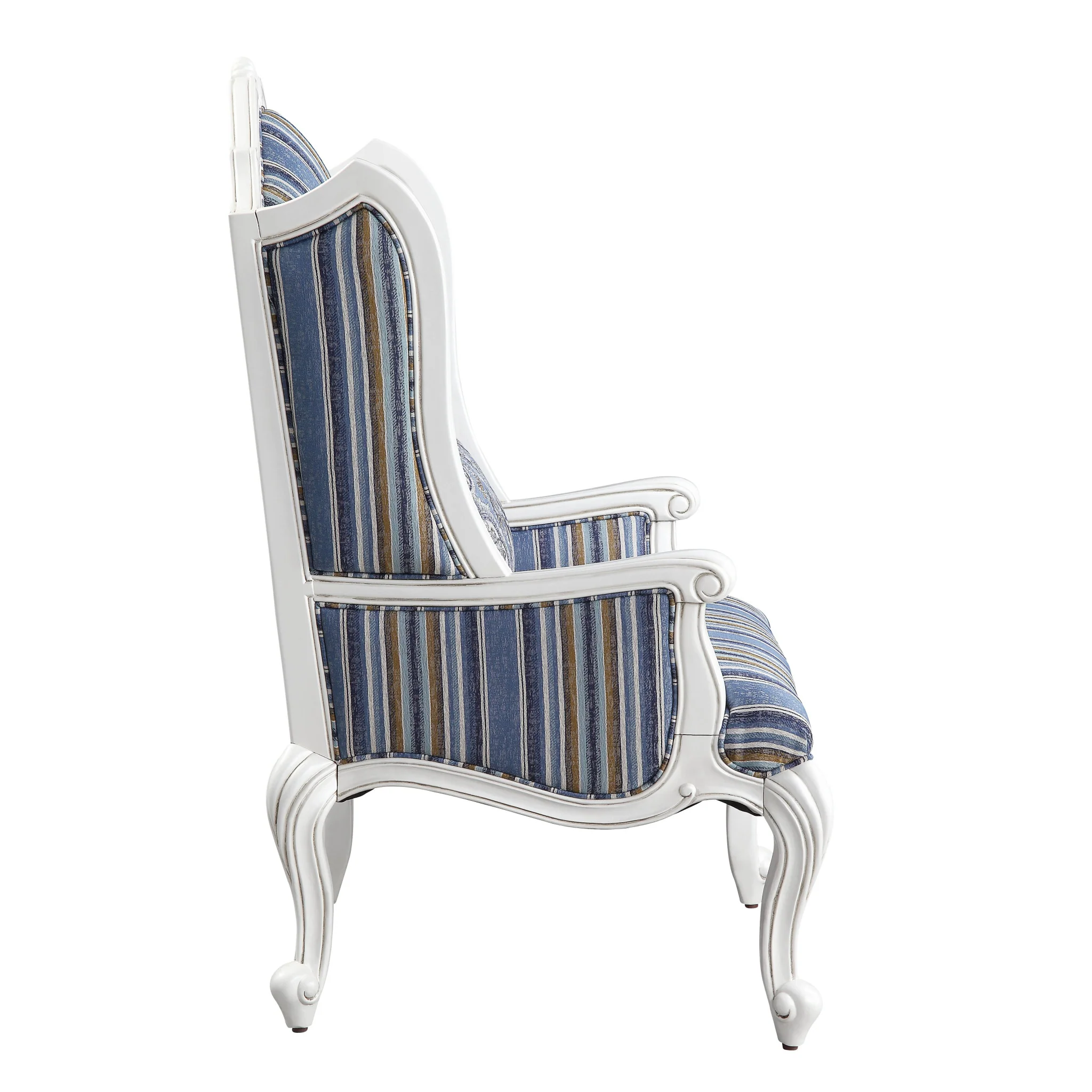 31" Blue White And Brown Fabric And White Striped Wingback Chair By Homeroots - Image 3