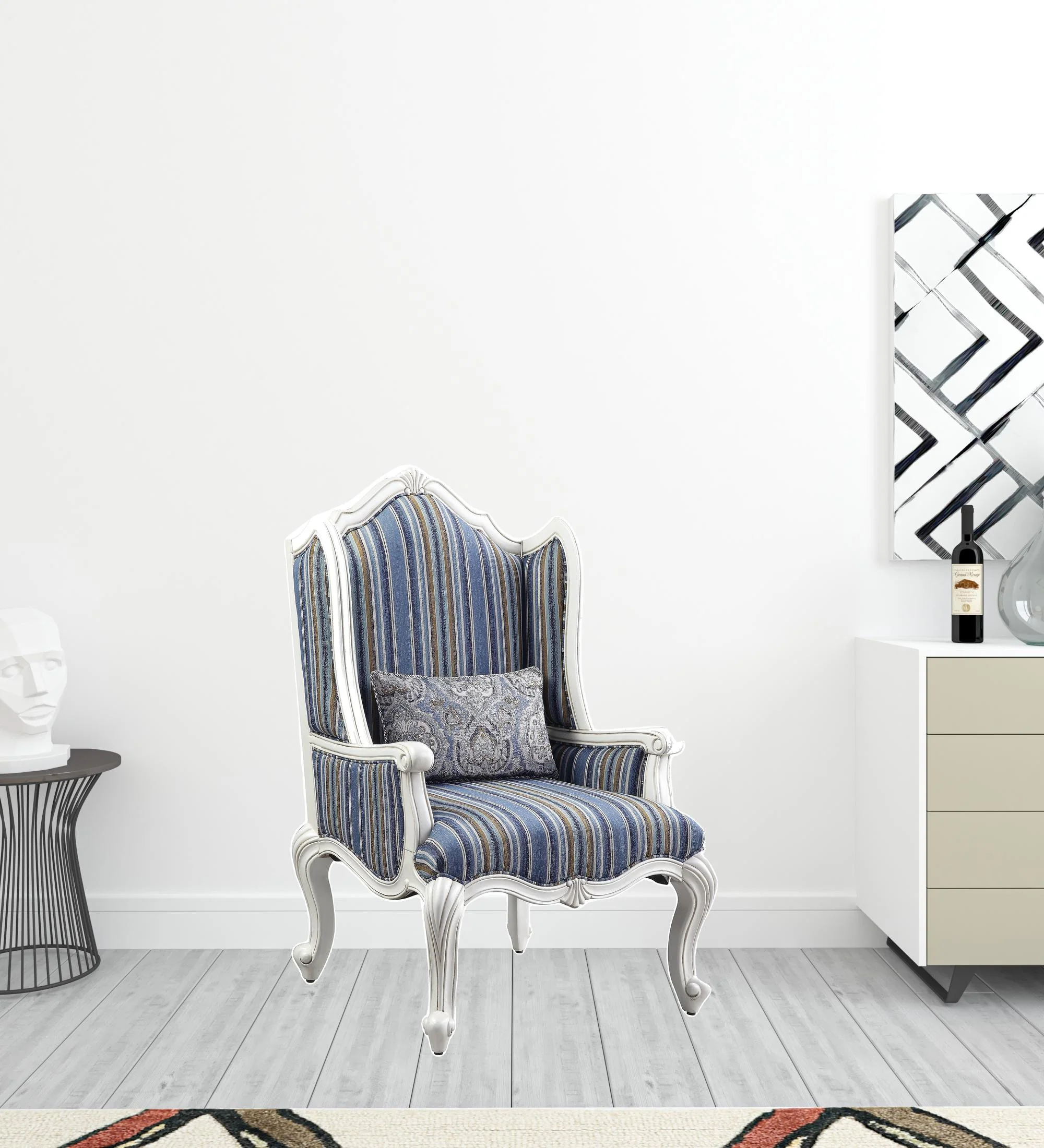 31" Blue White And Brown Fabric And White Striped Wingback Chair By Homeroots - Image 5