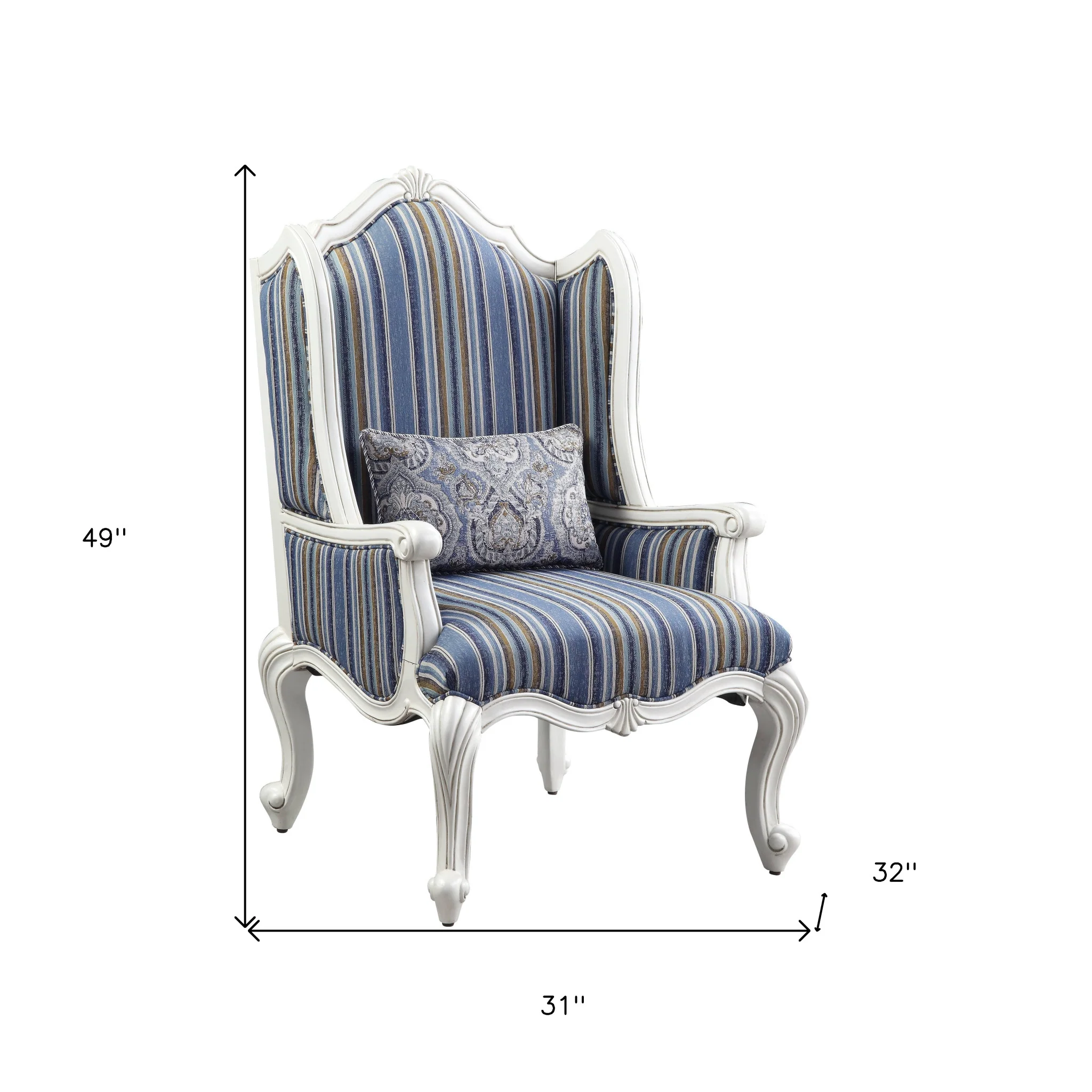 31" Blue White And Brown Fabric And White Striped Wingback Chair By Homeroots - Image 7