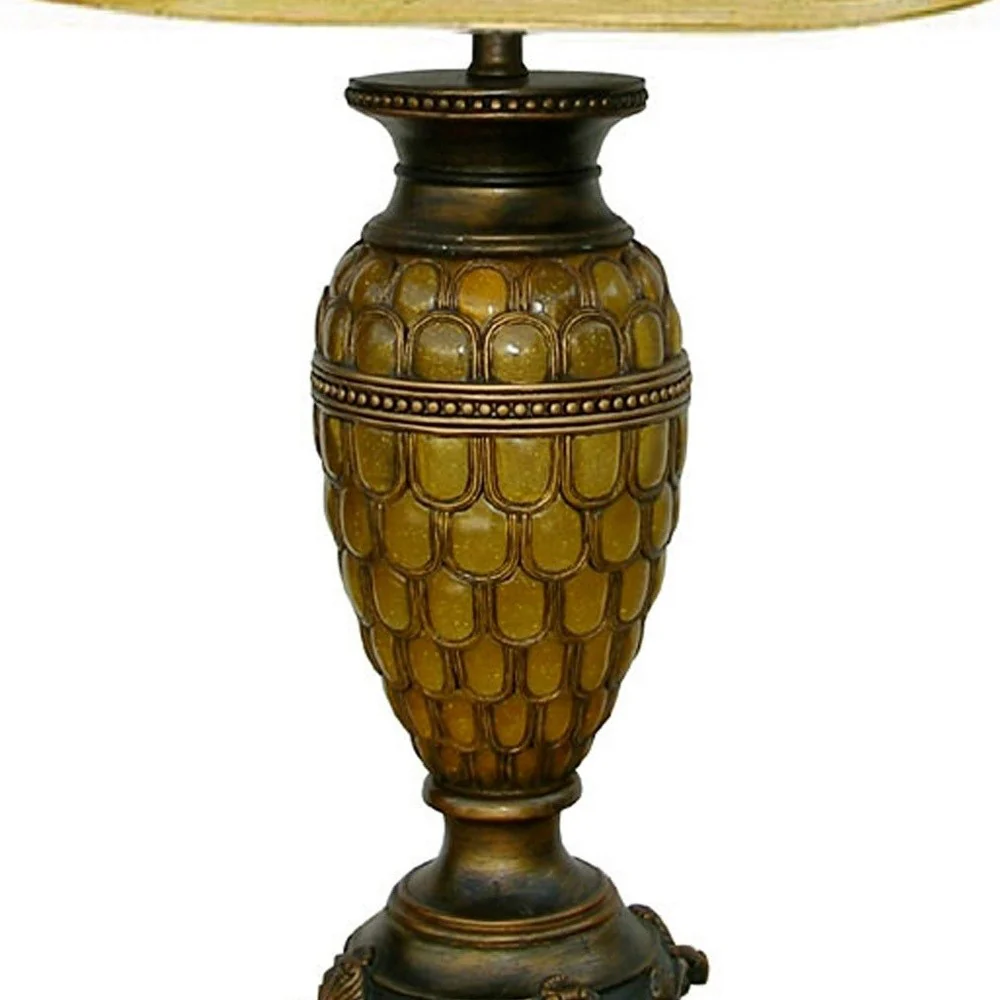 31" Golden Brown Polyresin Urn Table Lamp With Night Light and Gold Bell Shade By Homeroots - Image 4