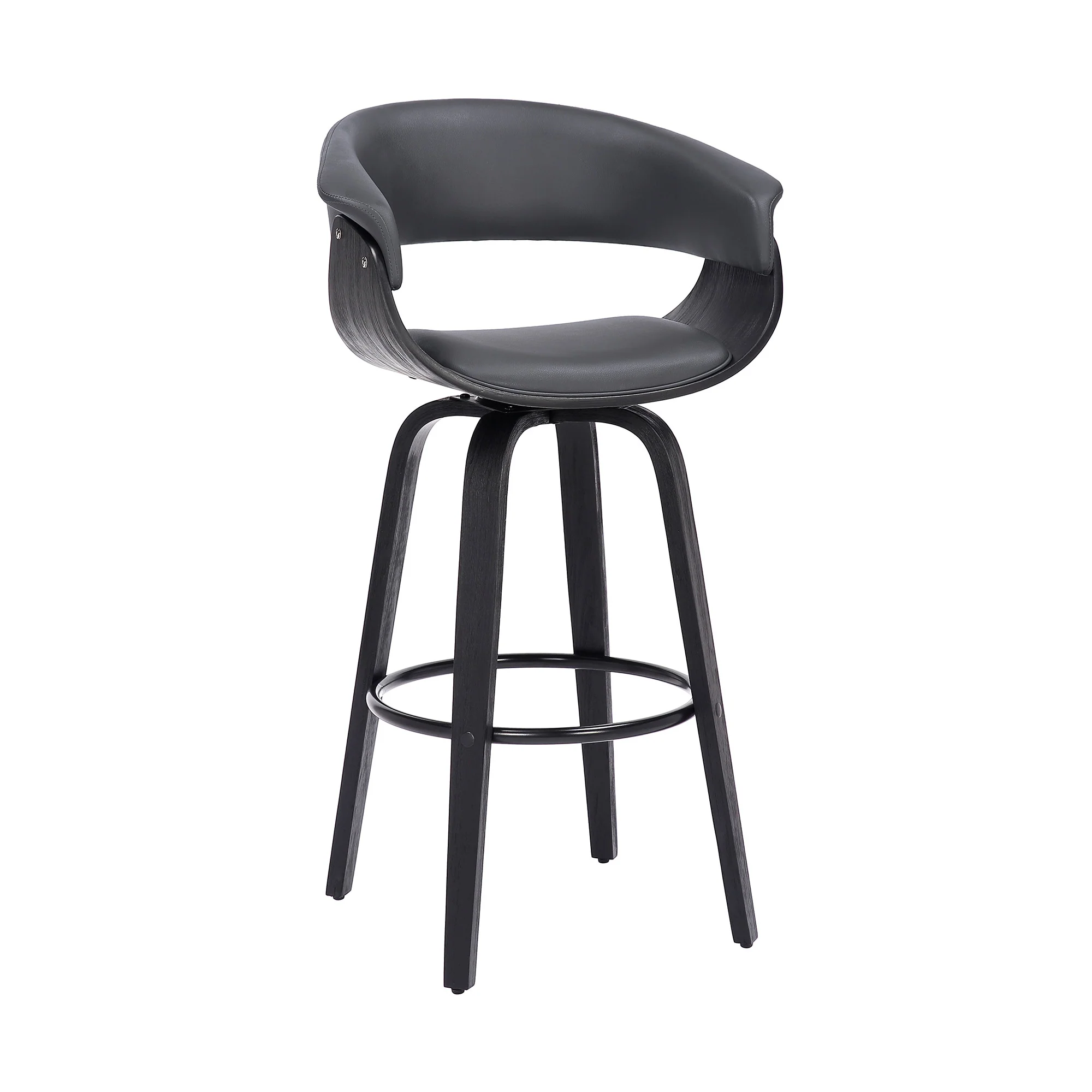 31" Gray And Black Faux Leather And Solid Wood Swivel Low Back Bar Height Bar Chair With Footrest By Homeroots - Image 2