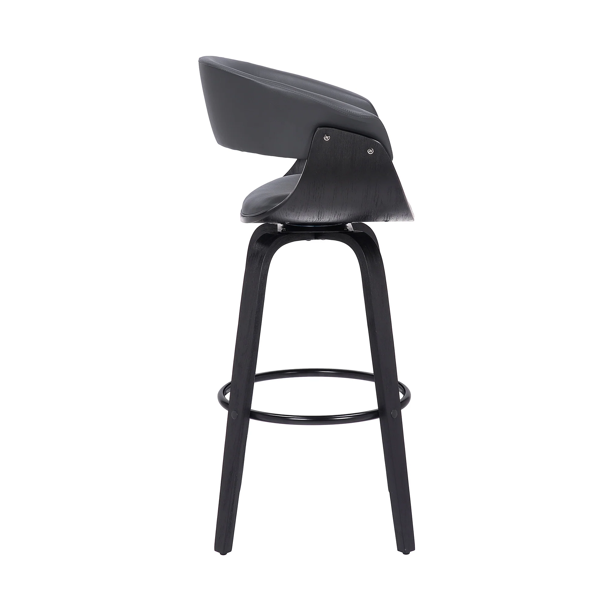 31" Gray And Black Faux Leather And Solid Wood Swivel Low Back Bar Height Bar Chair With Footrest By Homeroots - Image 4