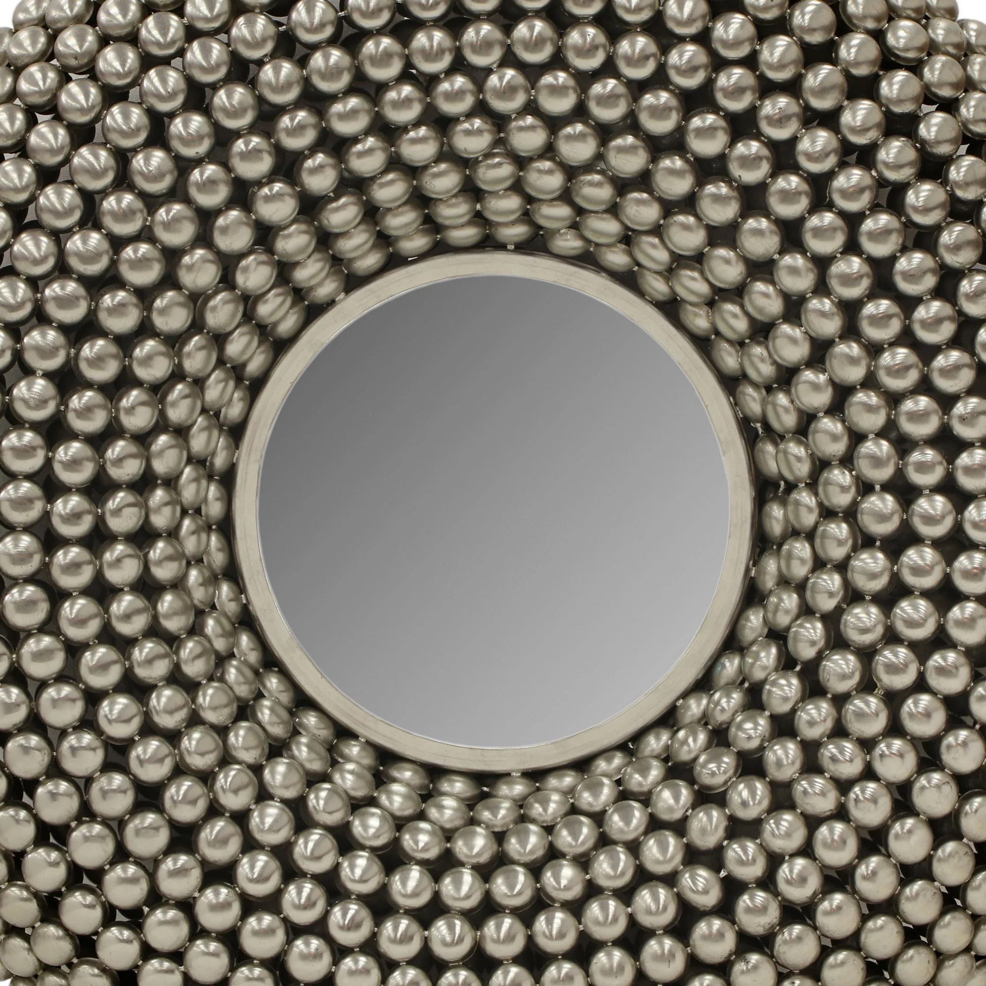 31 Inch Metal Wall Decor with Mirror and Studded Nail Accents, Silver By Benzara - Image 3