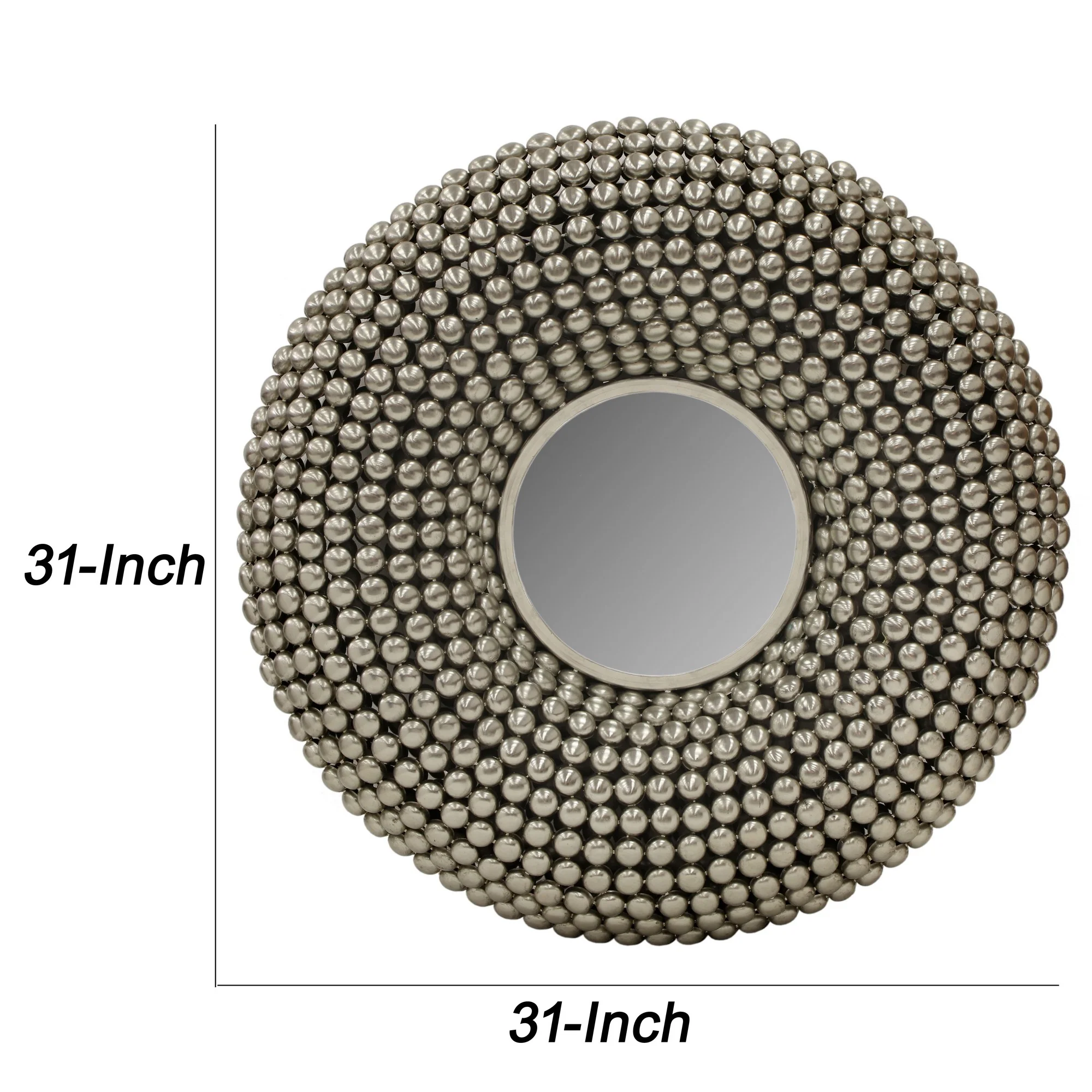 31 Inch Metal Wall Decor with Mirror and Studded Nail Accents, Silver By Benzara - Image 5