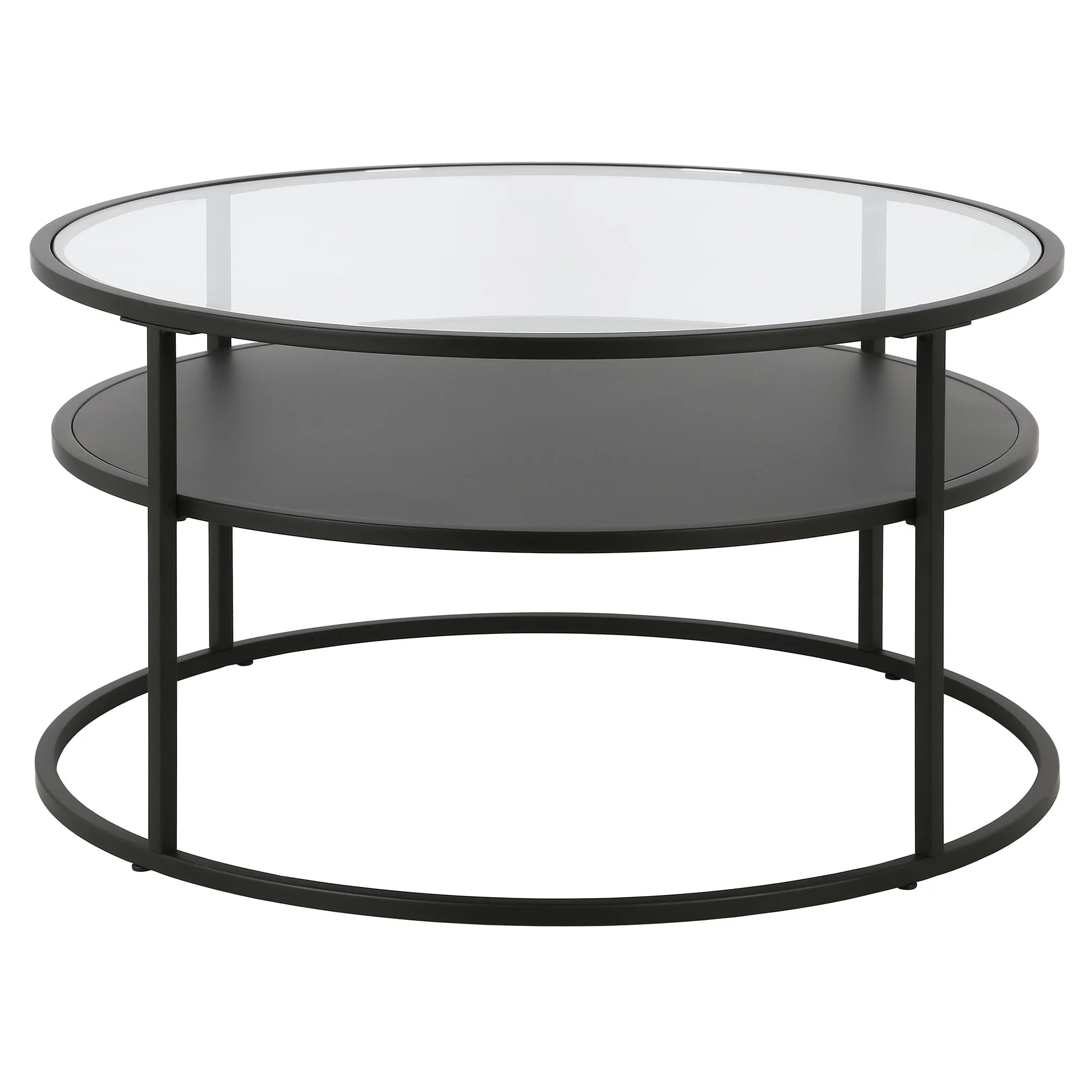 32" Black and Glass Round Two Layer Coffee Table With Shelf By Homeroots - Image 2