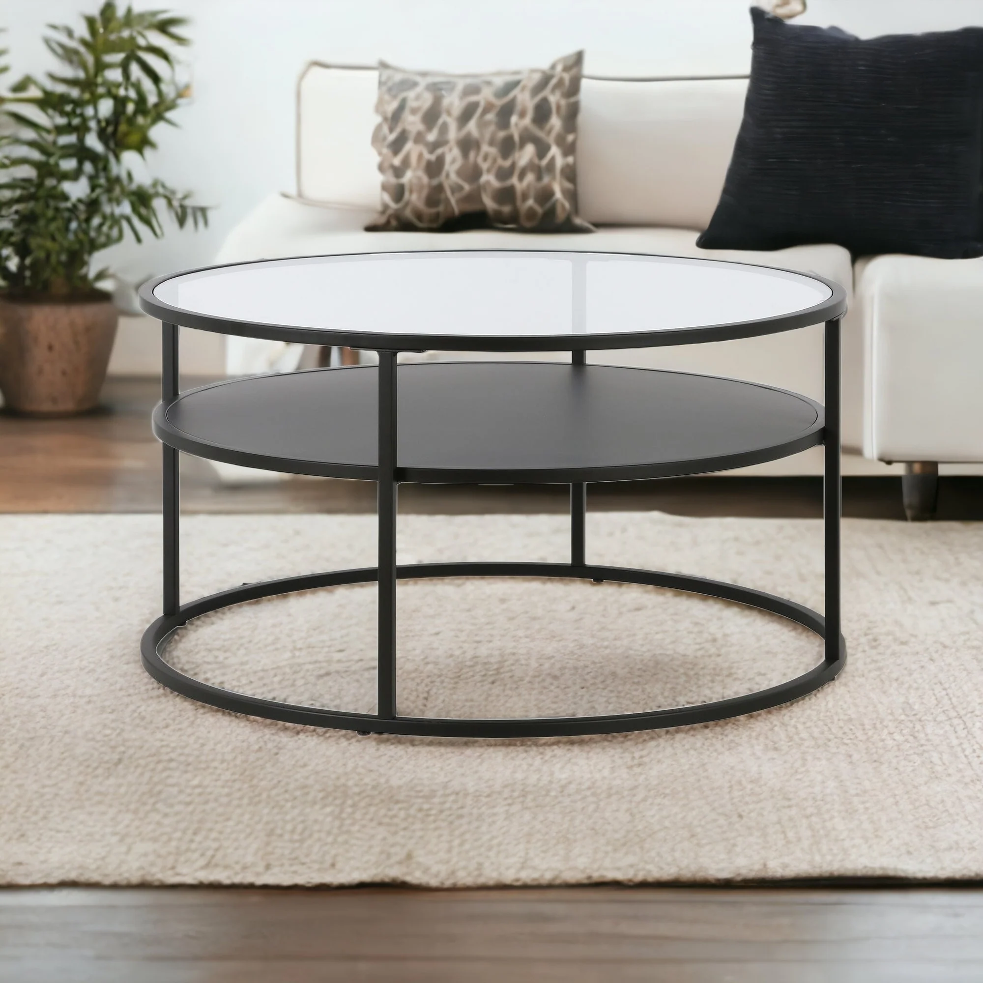 32" Black and Glass Round Two Layer Coffee Table With Shelf By Homeroots - Image 4