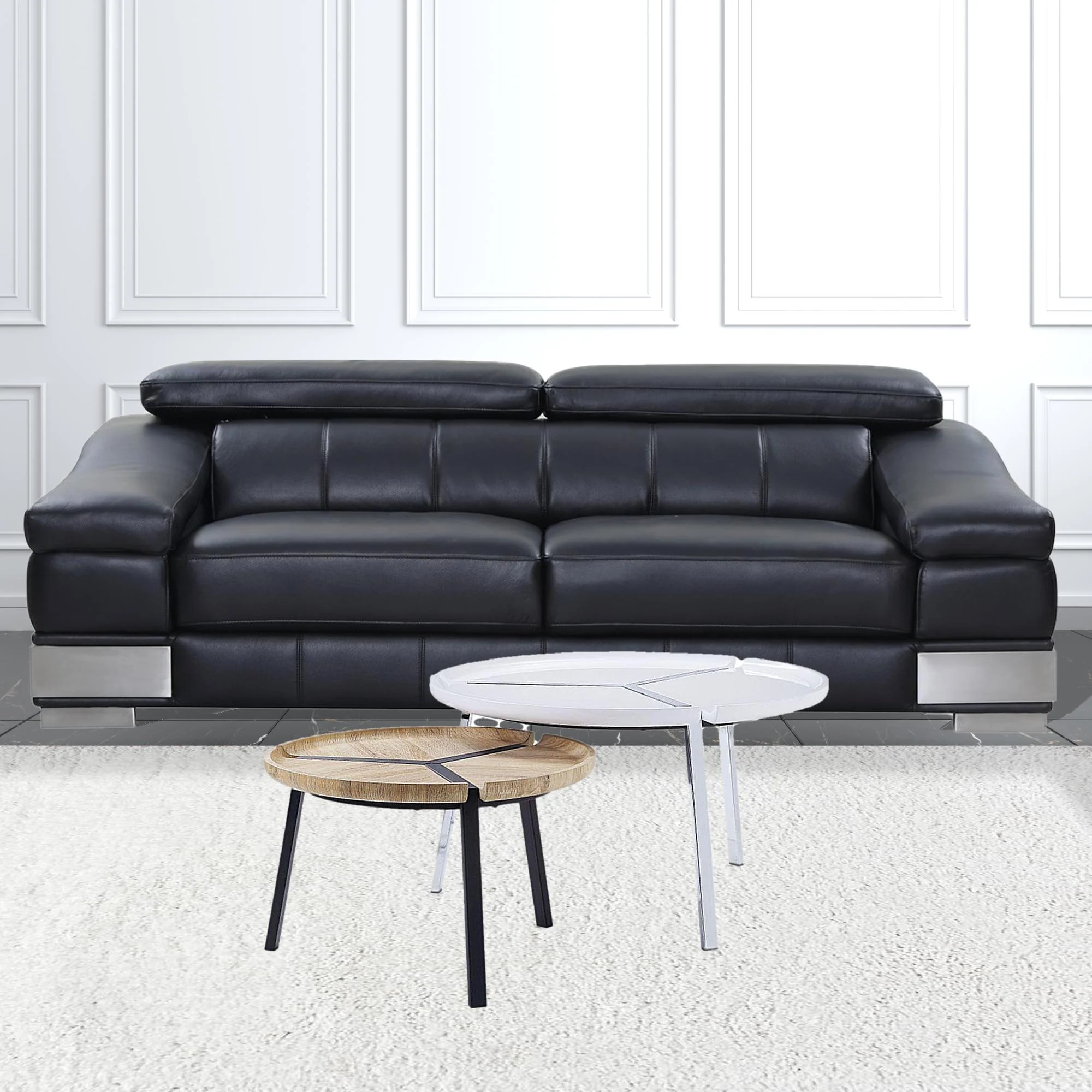 32" Black And White And Natural Brown Paper Veneer Round Nested Coffee Tables By Homeroots - Image 2